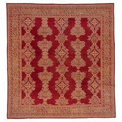 Vintage Turkish Oushak Square Wool Rug, Red Allover Field, Circa 1920s