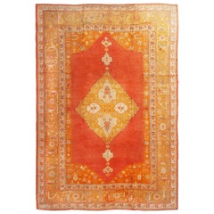 Antique Turkish Oushak Traditional Gold and Red Wool Rug