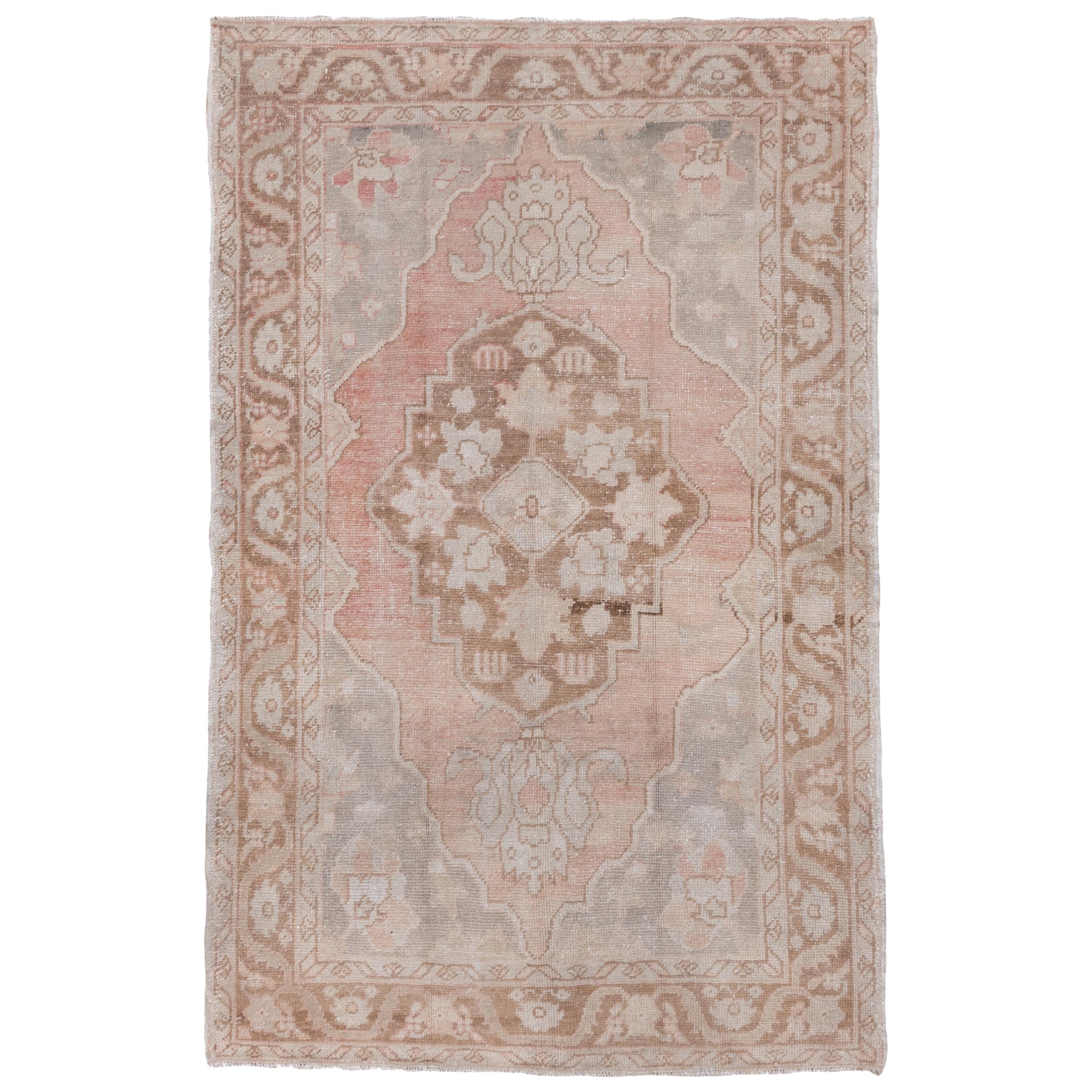 Antique Turkish Oushak Village Rug, Pink and Gray Field For Sale