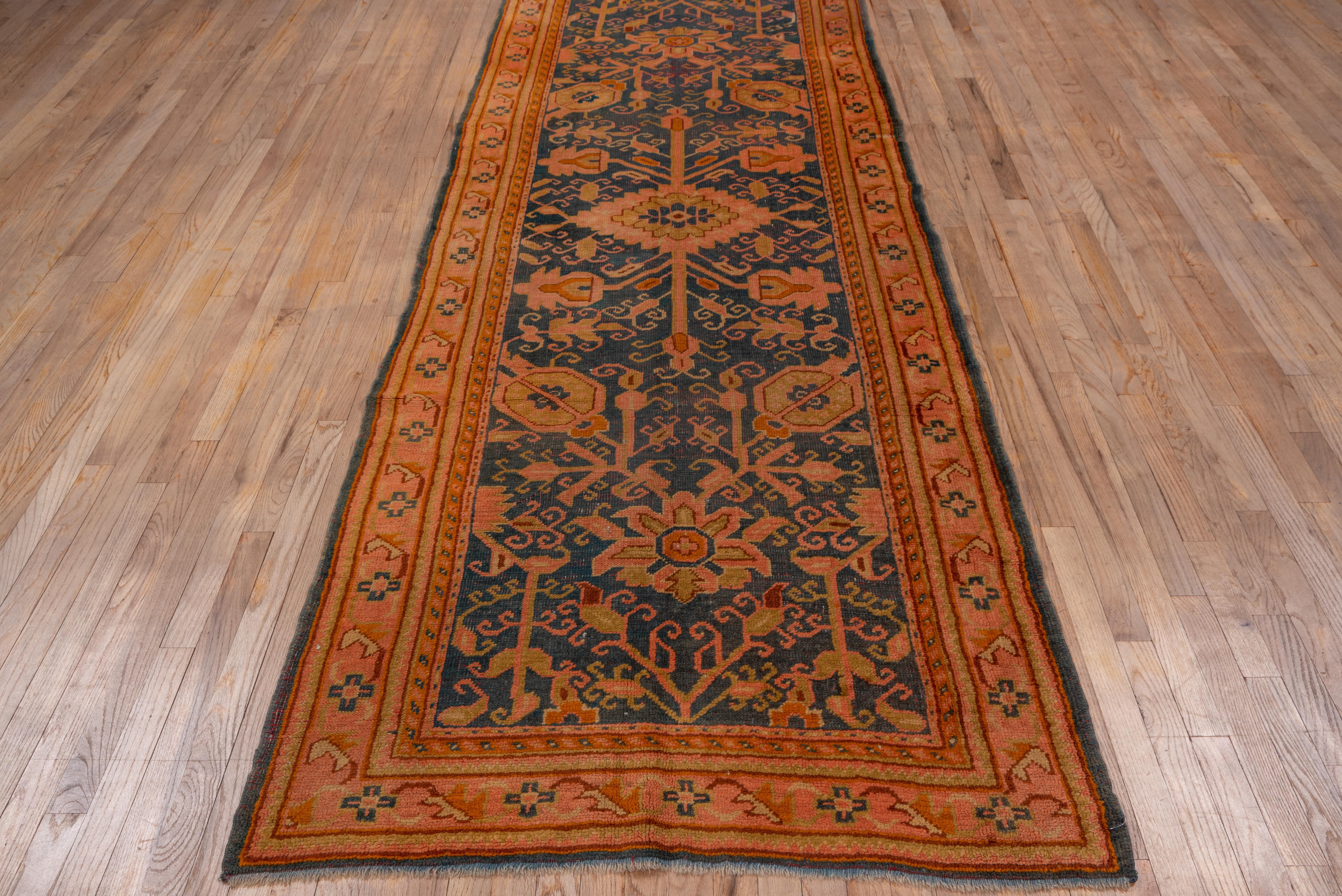 Antique Turkish Oushak Wide Runner, Teal Field, Pink & Gold Borders, circa 1900s In Good Condition In New York, NY