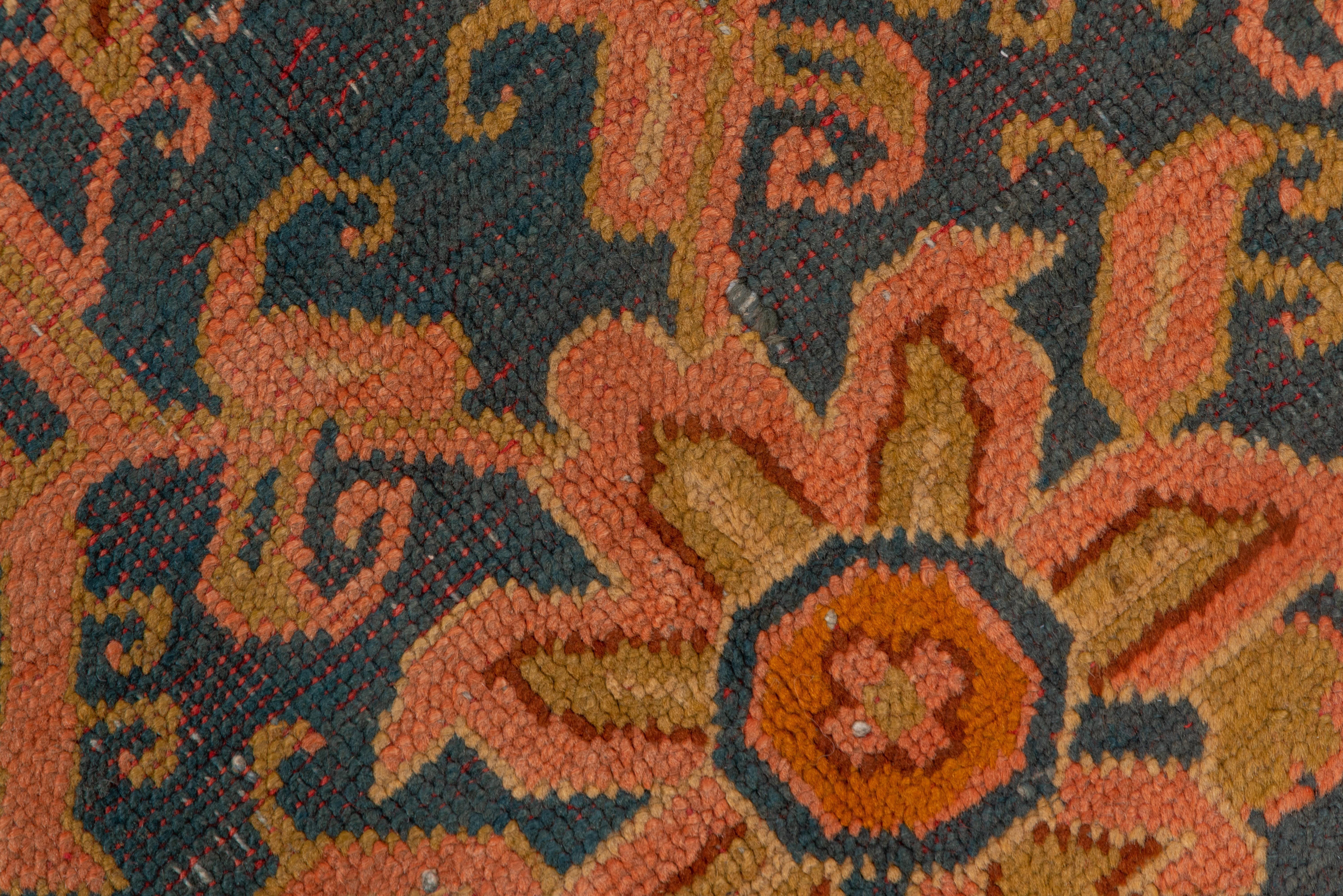 Wool Antique Turkish Oushak Wide Runner, Teal Field, Pink & Gold Borders, circa 1900s