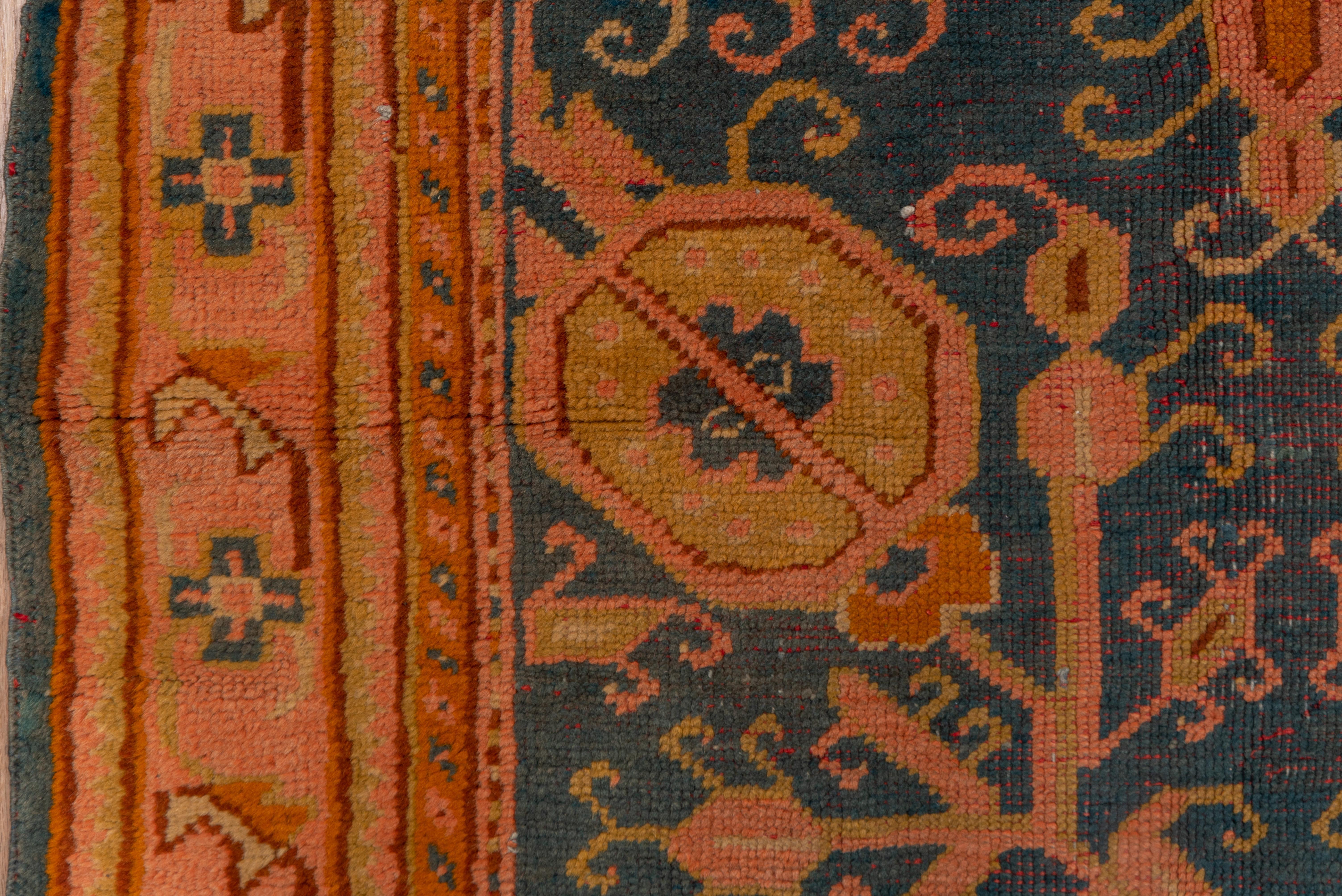 Antique Turkish Oushak Wide Runner, Teal Field, Pink & Gold Borders, circa 1900s 1