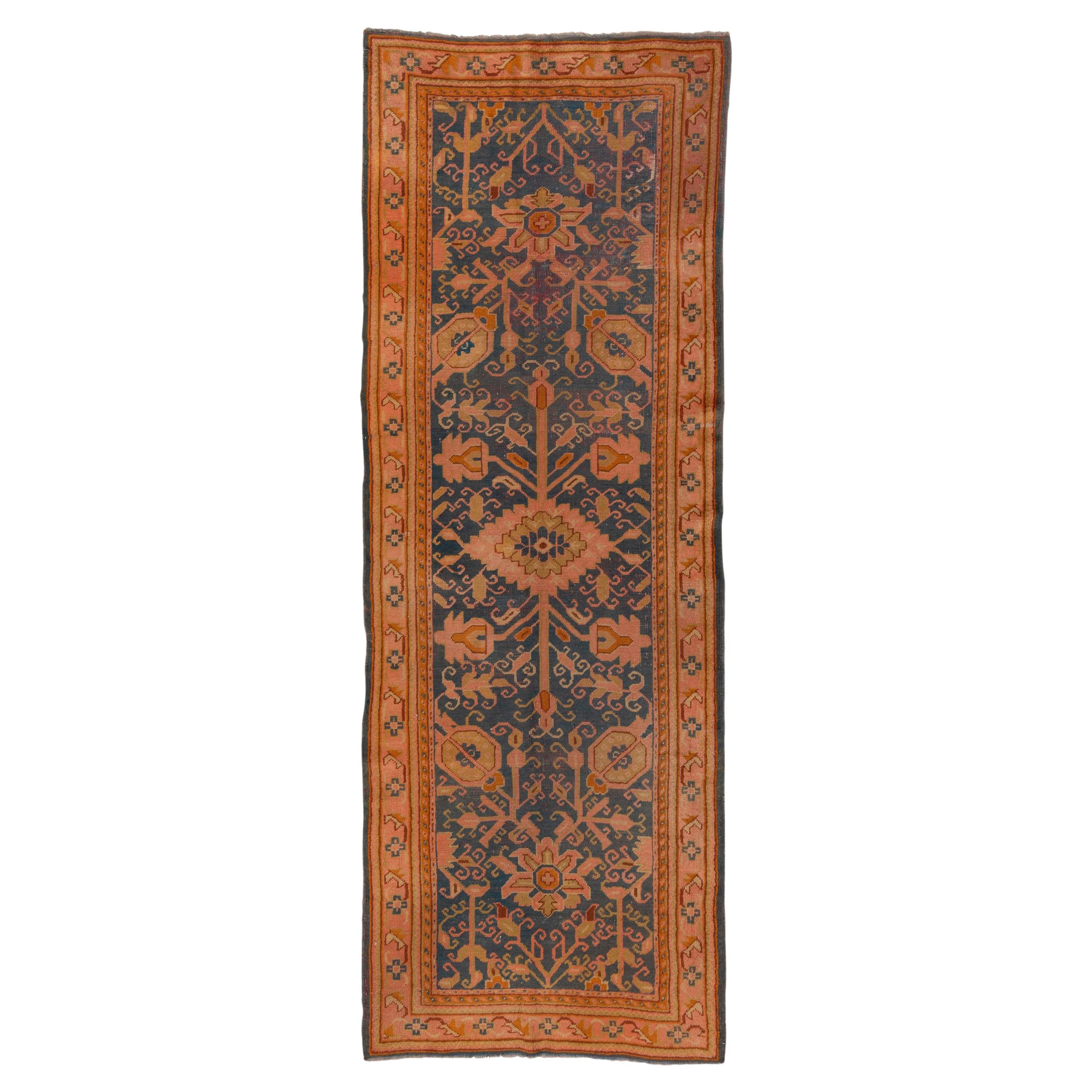 Antique Turkish Oushak Wide Runner, Teal Field, Pink & Gold Borders, circa 1900s