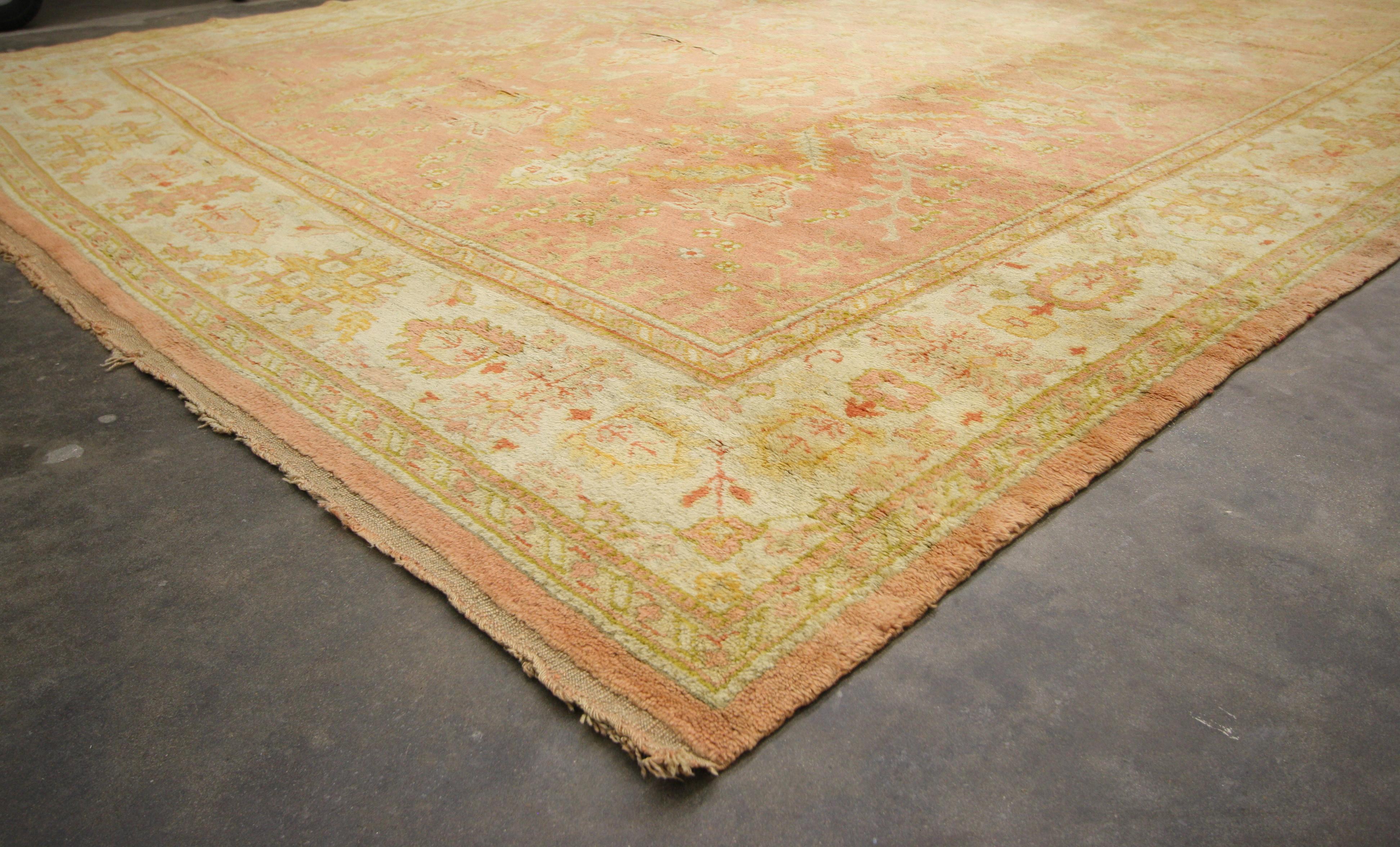 Hand-Knotted Antique Turkish Oushak with Rustic Georgian Farmhouse Style and Pastel Colors For Sale