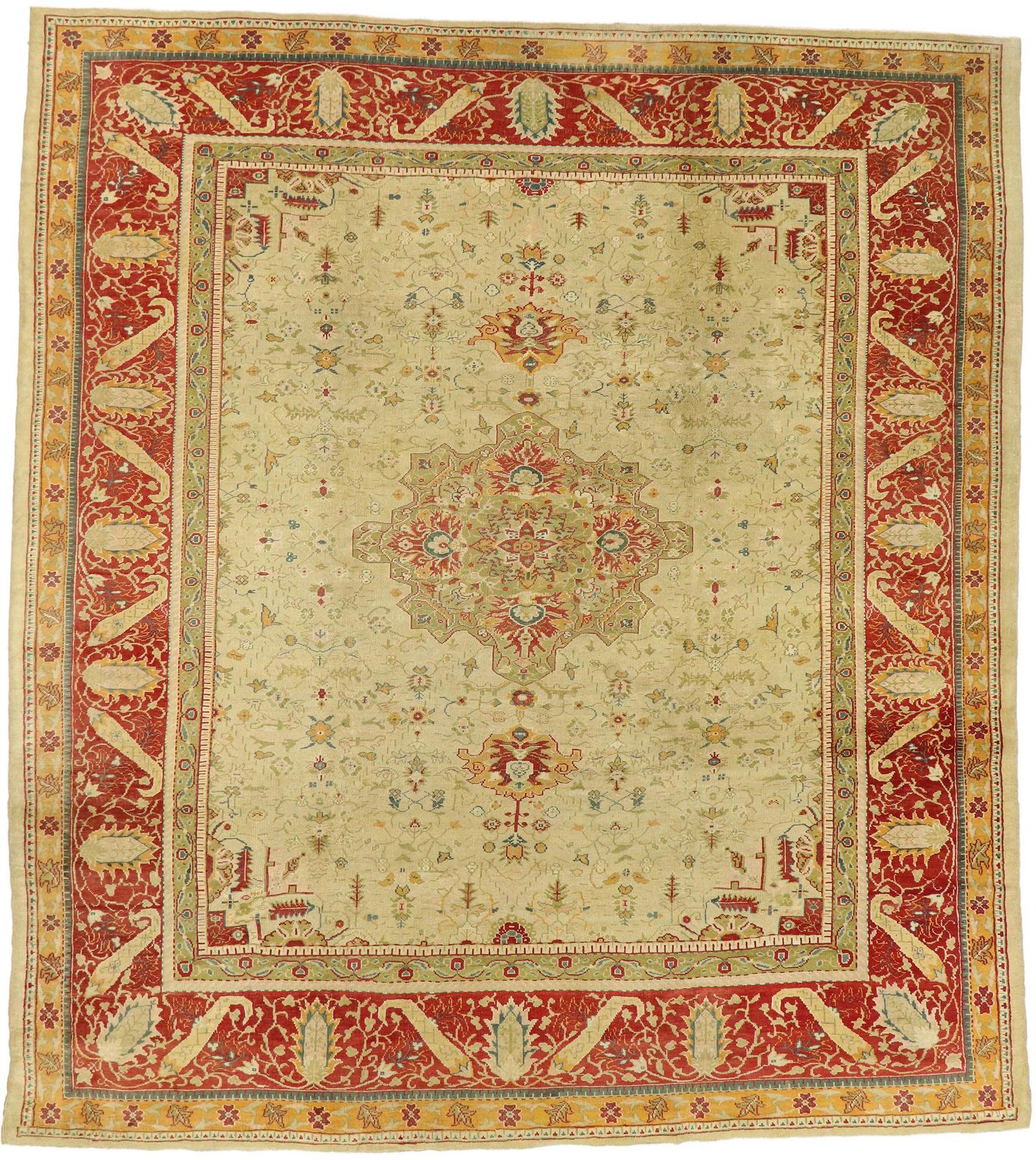 51879 Antique Turkish Oushak Rug with Traditional Modern Style 10’00 x 11’02 From Esmaili Rugs Collection. Displaying well-balanced asymmetry and timeless elegance, this hand-knotted wool antique Turkish Oushak rug beautifully is poised to impress.