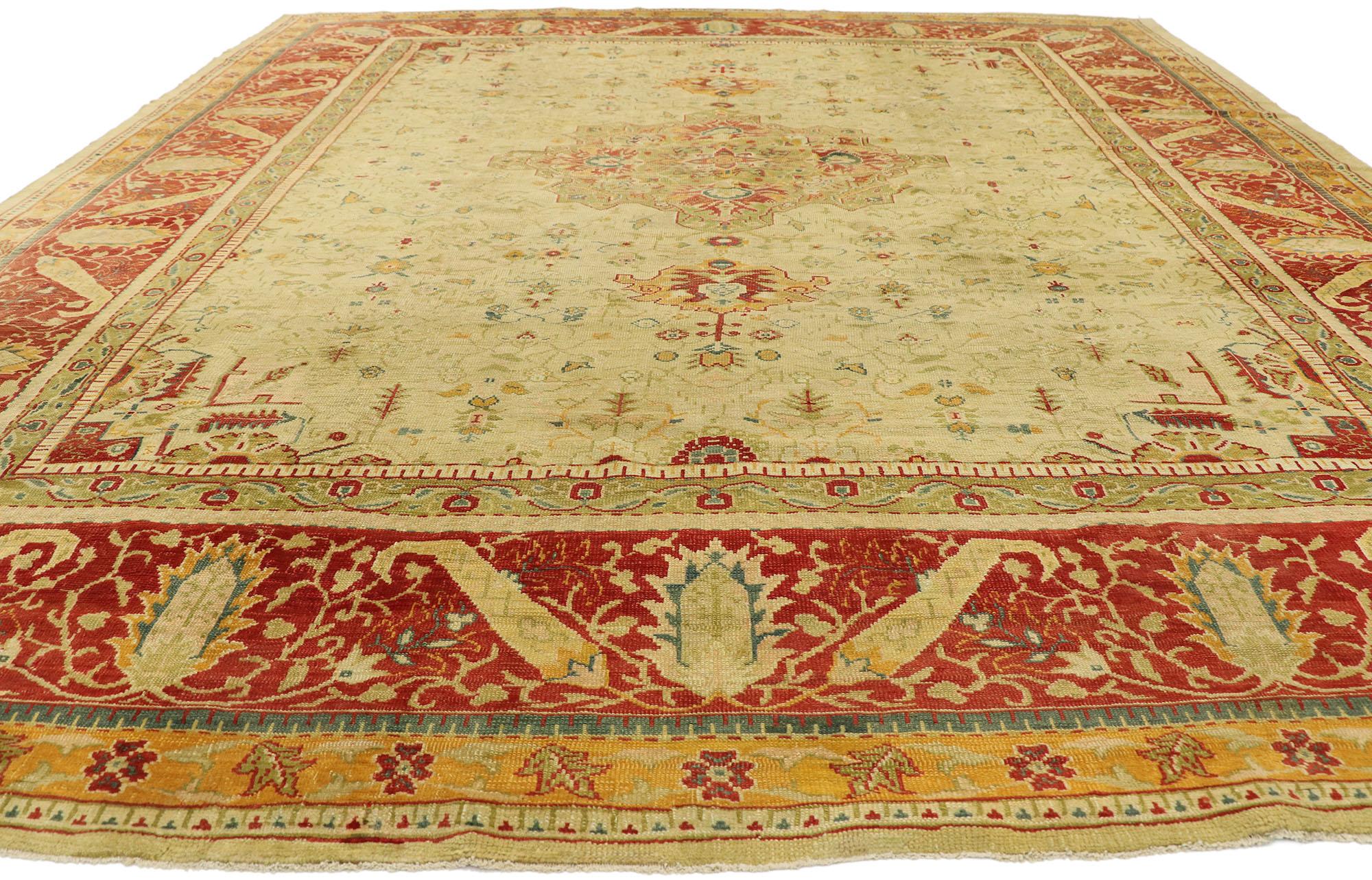 Wool Antique Turkish Oushak with Traditional Modern Style For Sale