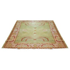 Antique Turkish Oushak Wool Hand Knotted Rug, Room-sized, Green, Red, Pink, 1900