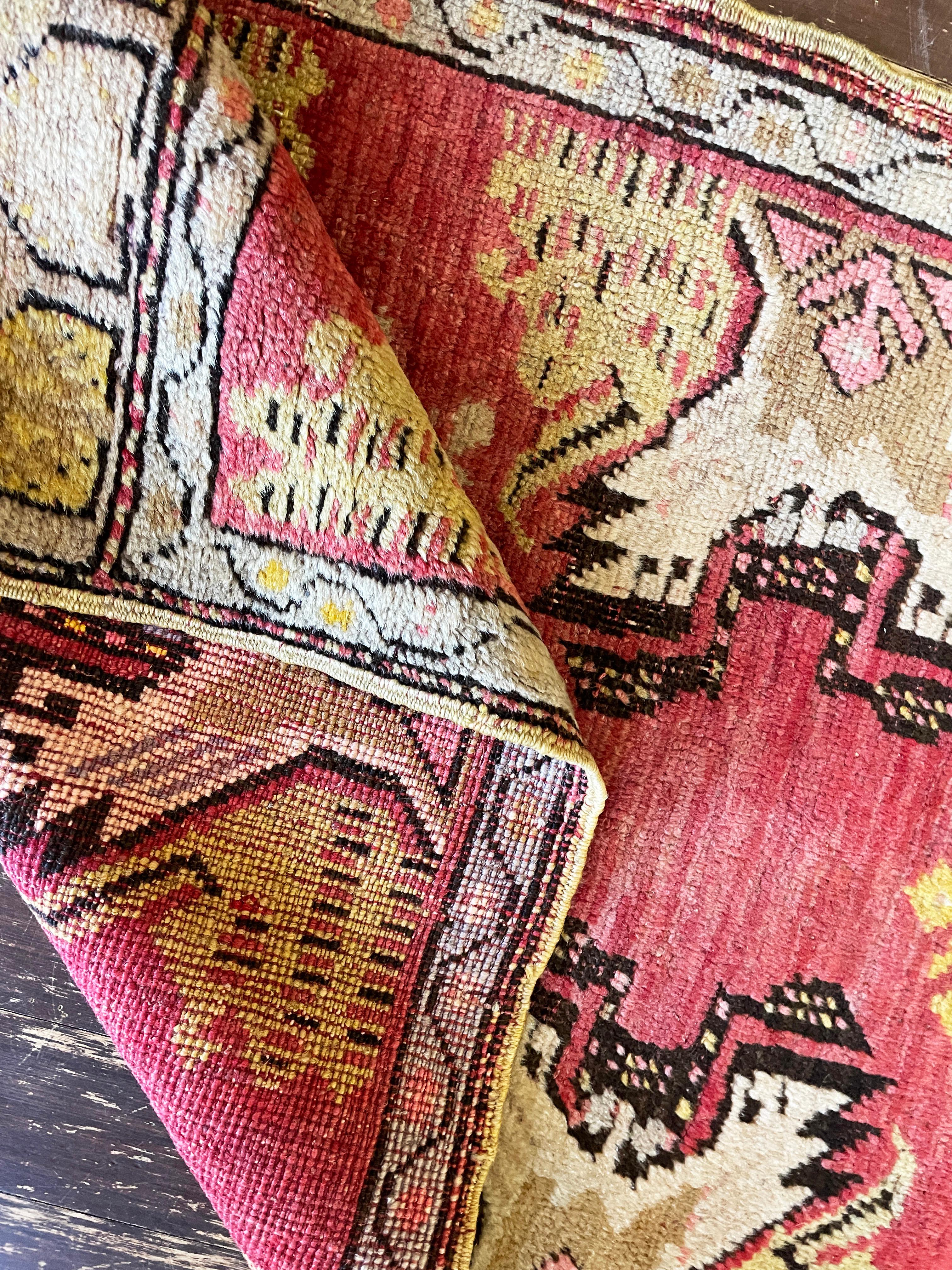 19th Century Antique  Turkish Oushak Yastik Anatolian Rug, Dragon design For Sale