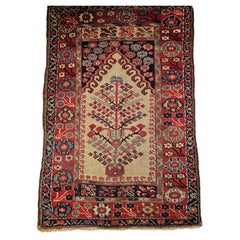 Antique Turkish Prayer Area Rug in Tree of Life Design in Ivory, Red, Navy