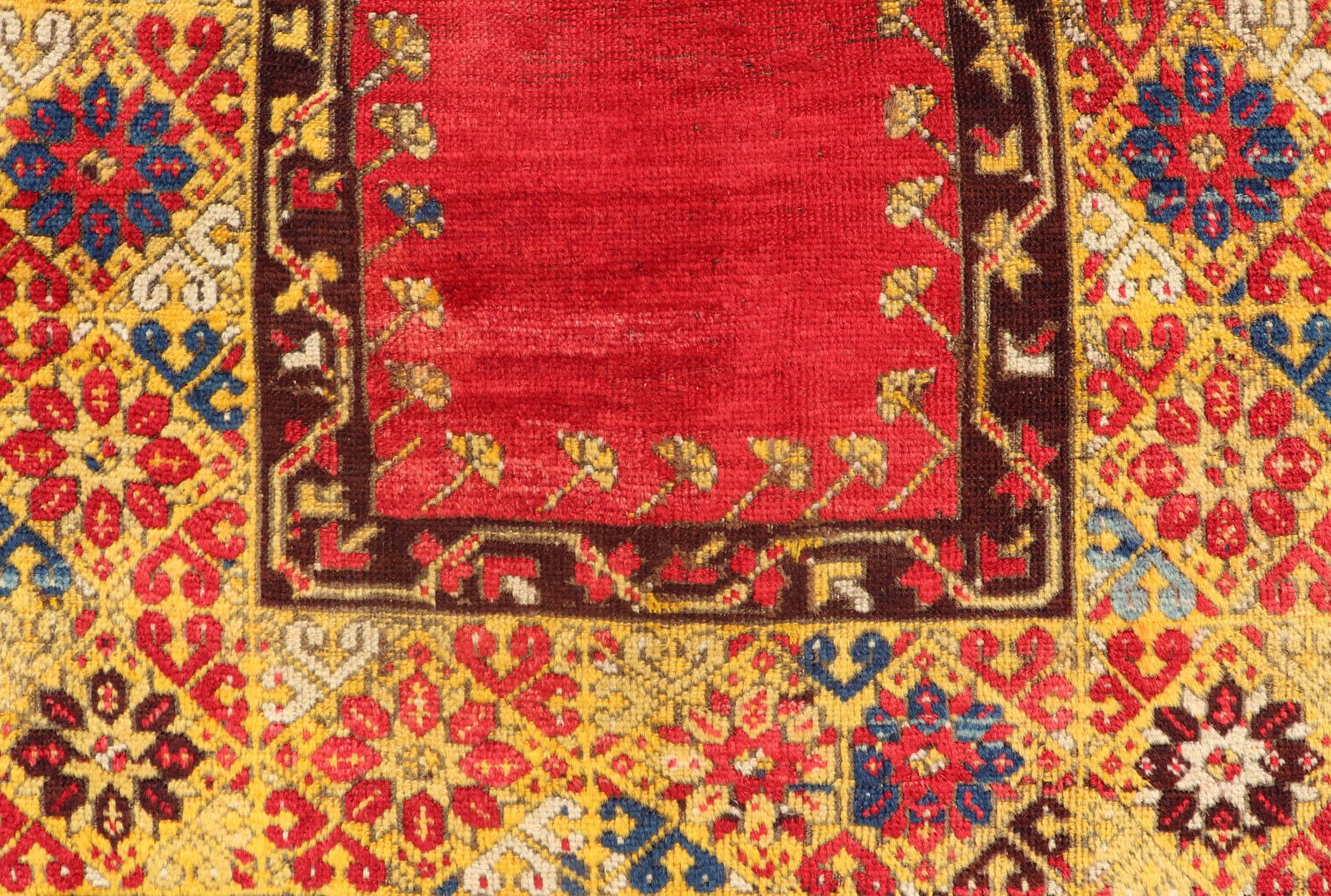 Antique Turkish Prayer Rug in Vibrant Saffron Yellow, Gold, Red and Blue For Sale 3