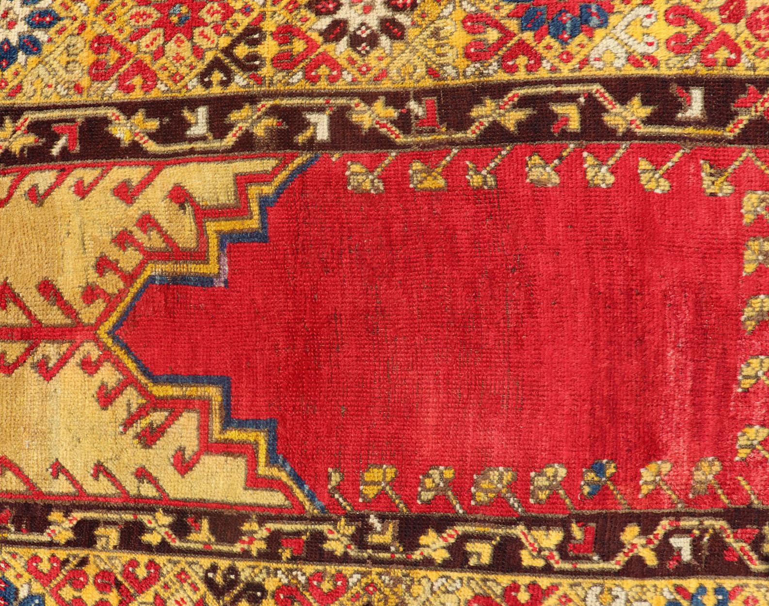 Antique Turkish Prayer Rug in Vibrant Saffron Yellow, Gold, Red and Blue For Sale 4