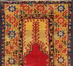 Antique Turkish Prayer Rug in Vibrant Saffron Yellow, Gold, Red and Blue