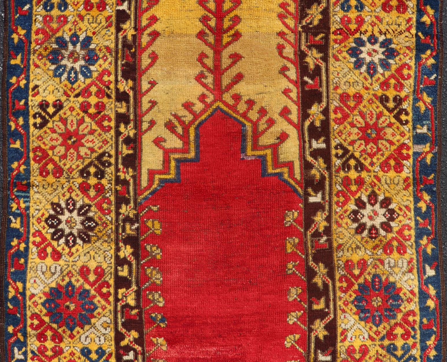 Oushak Antique Turkish Prayer Rug in Vibrant Saffron Yellow, Gold, Red and Blue For Sale
