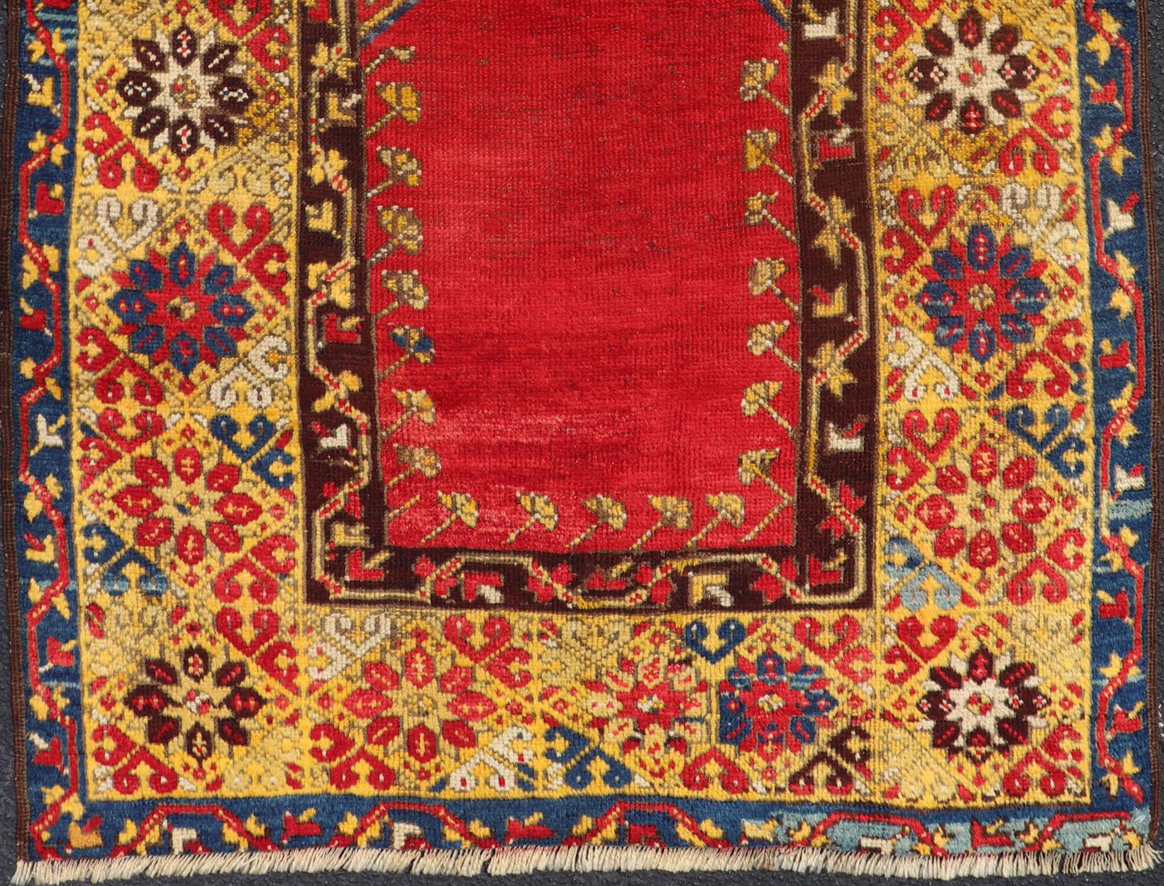 Hand-Knotted Antique Turkish Prayer Rug in Vibrant Saffron Yellow, Gold, Red and Blue For Sale