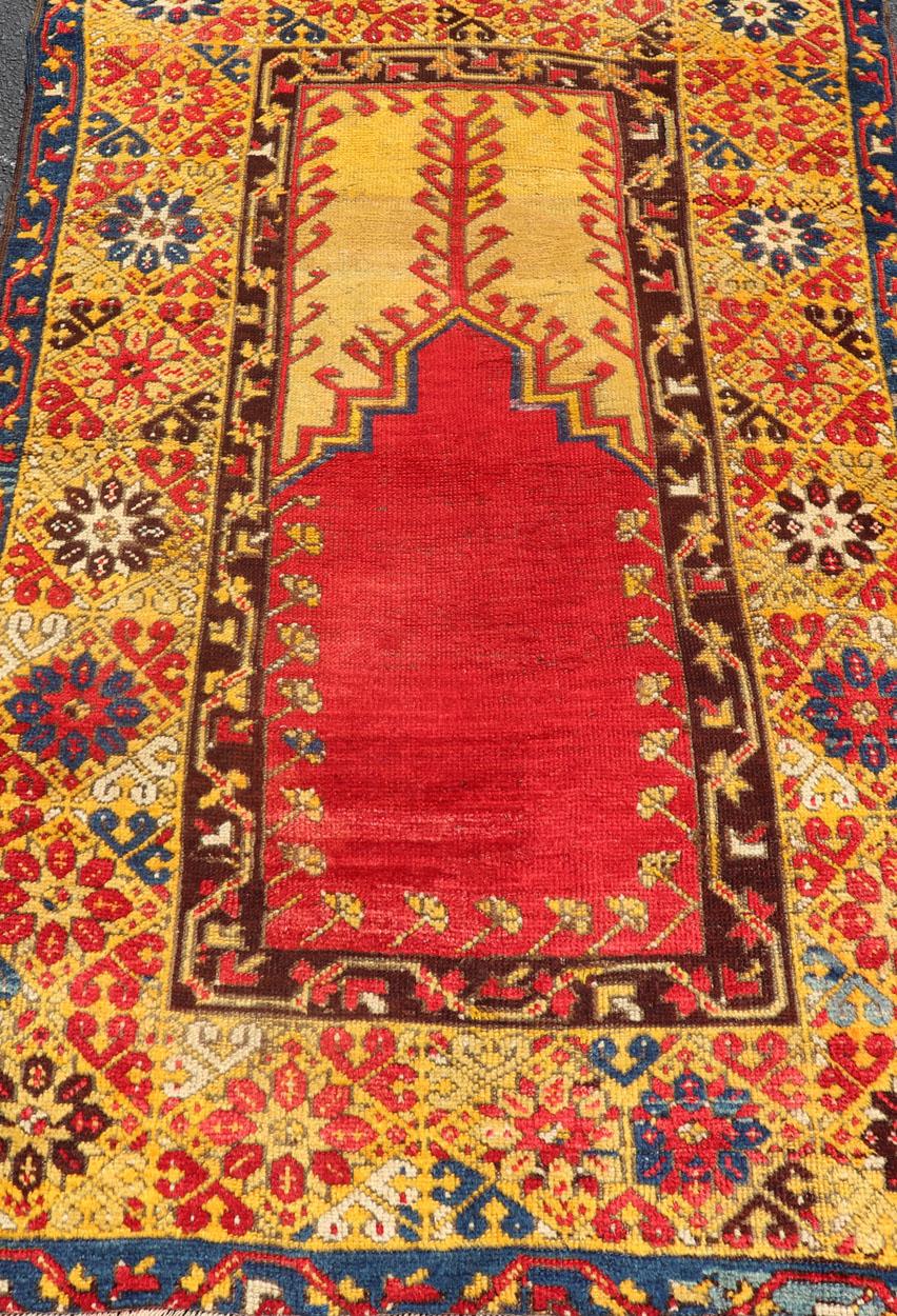Late 19th Century Antique Turkish Prayer Rug in Vibrant Saffron Yellow, Gold, Red and Blue For Sale