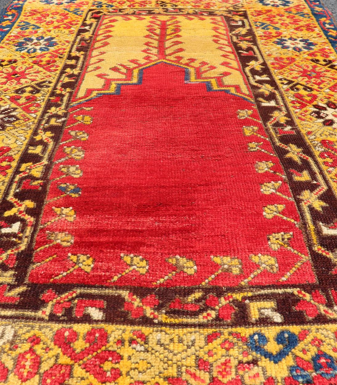 Wool Antique Turkish Prayer Rug in Vibrant Saffron Yellow, Gold, Red and Blue For Sale