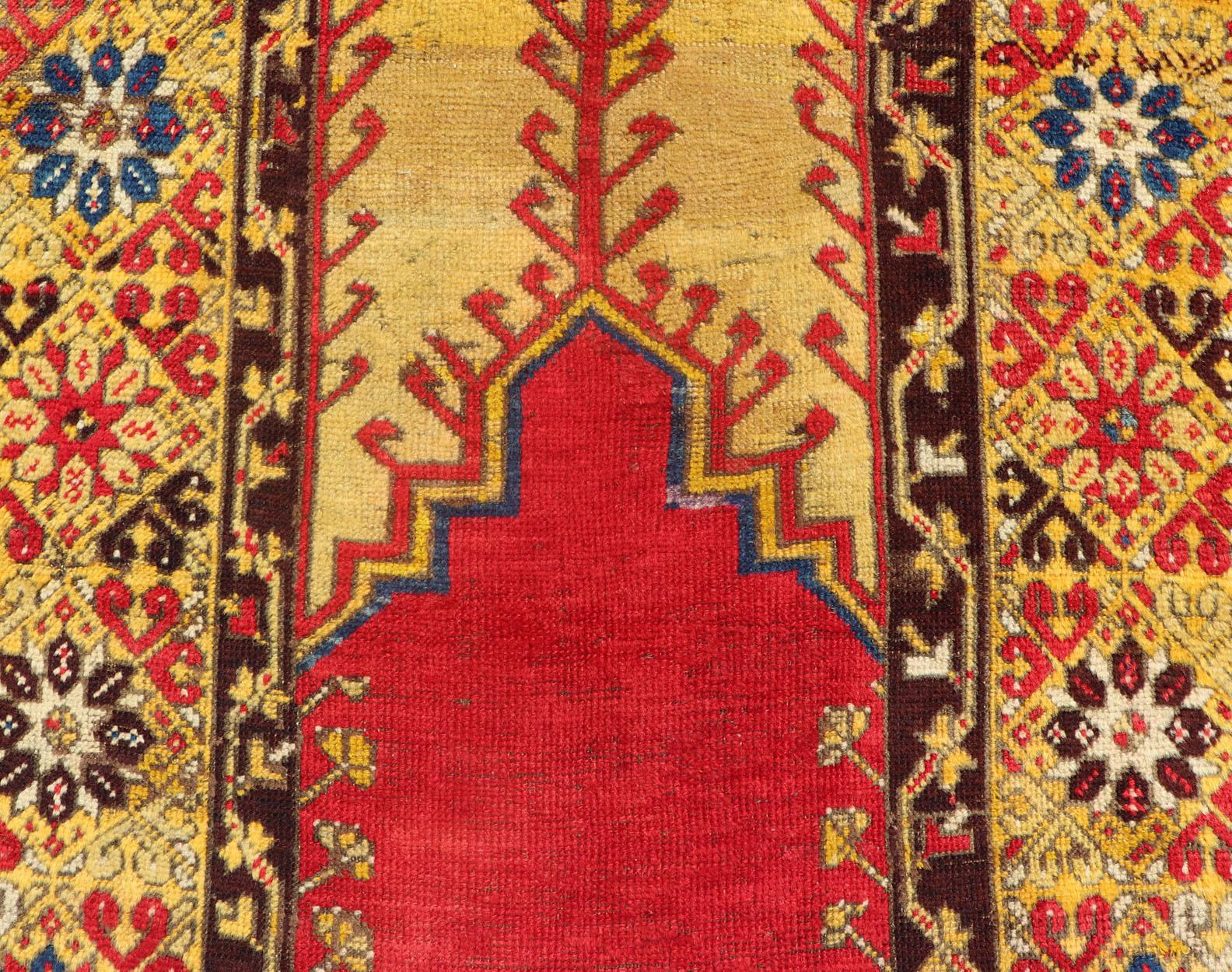 Antique Turkish Prayer Rug in Vibrant Saffron Yellow, Gold, Red and Blue For Sale 1