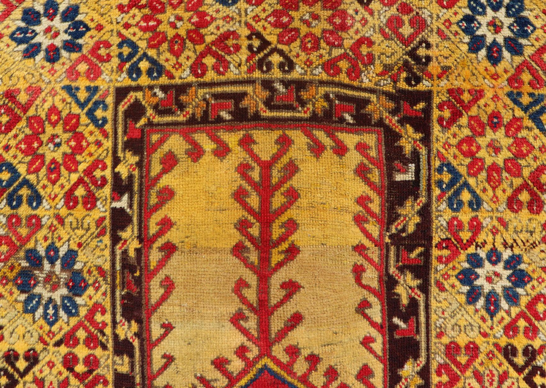Antique Turkish Prayer Rug in Vibrant Saffron Yellow, Gold, Red and Blue For Sale 2