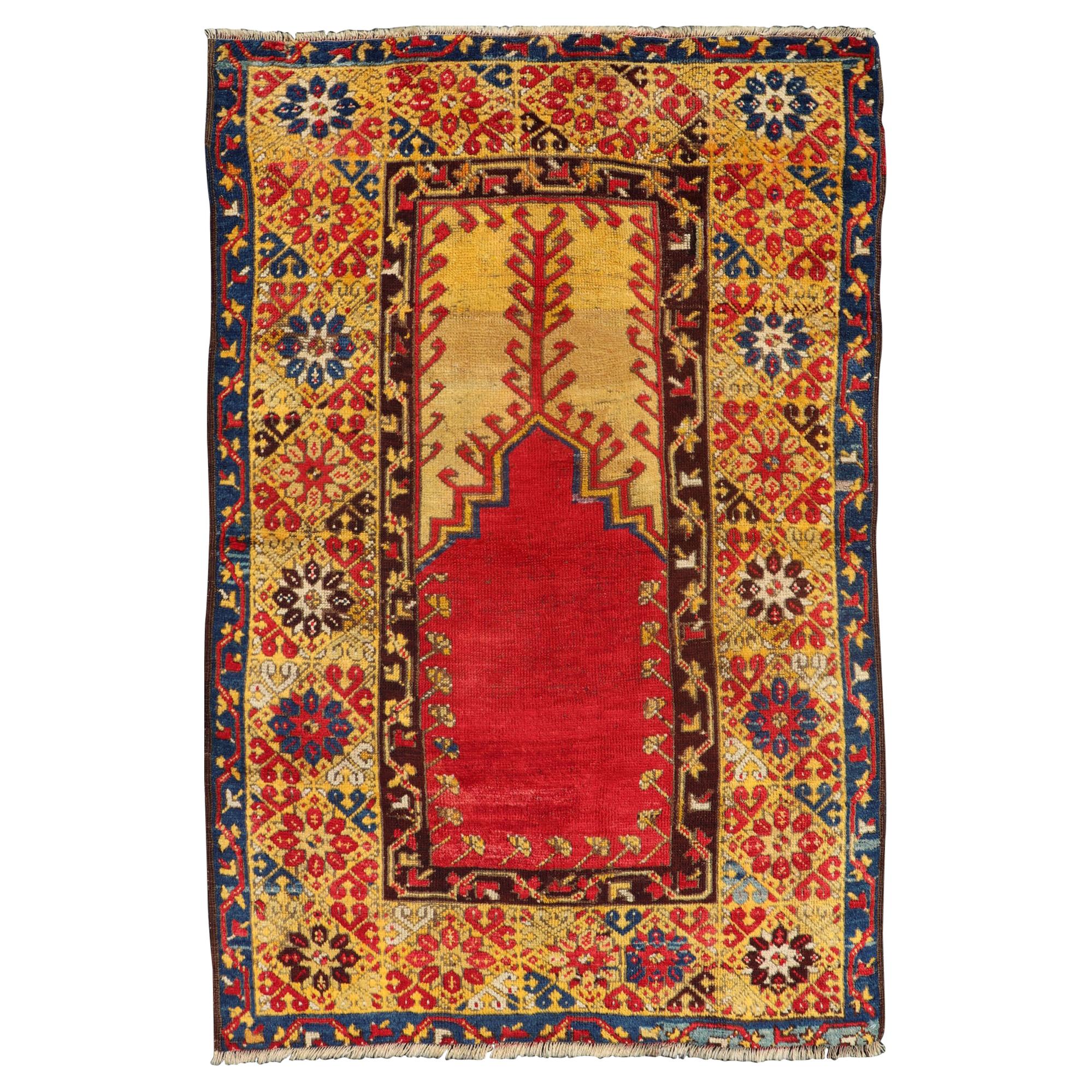 Antique Turkish Prayer Rug in Vibrant Saffron Yellow, Gold, Red and Blue For Sale