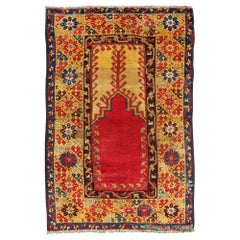 Antique Turkish Prayer Rug in Vibrant Saffron Yellow, Gold, Red and Blue