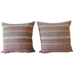 Used Turkish Red and Black Woven Stripes Decorative Square Pillows