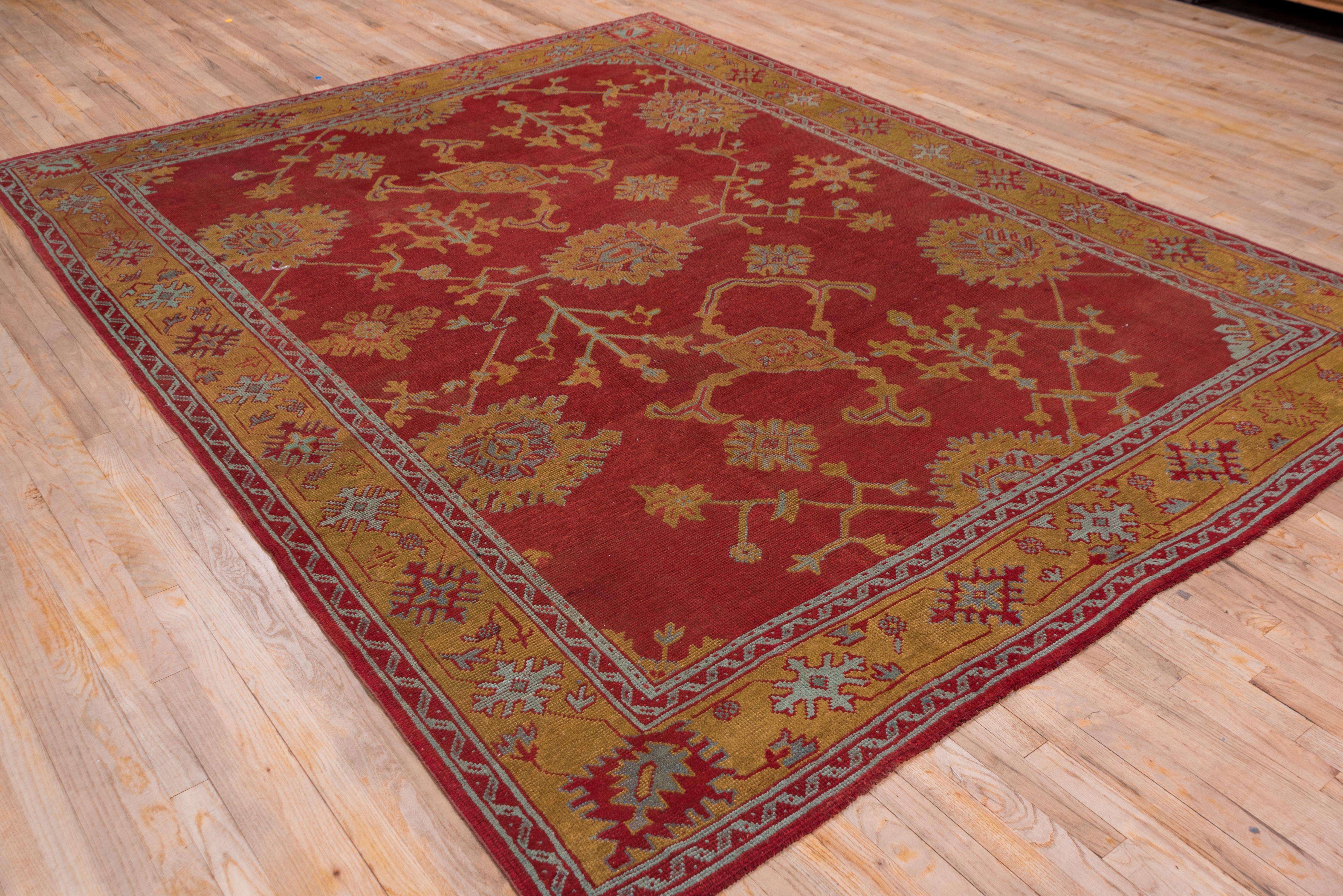 Antique Turkish Red Oushak Carpet, Yellow Borders, circa 1910s For Sale 4