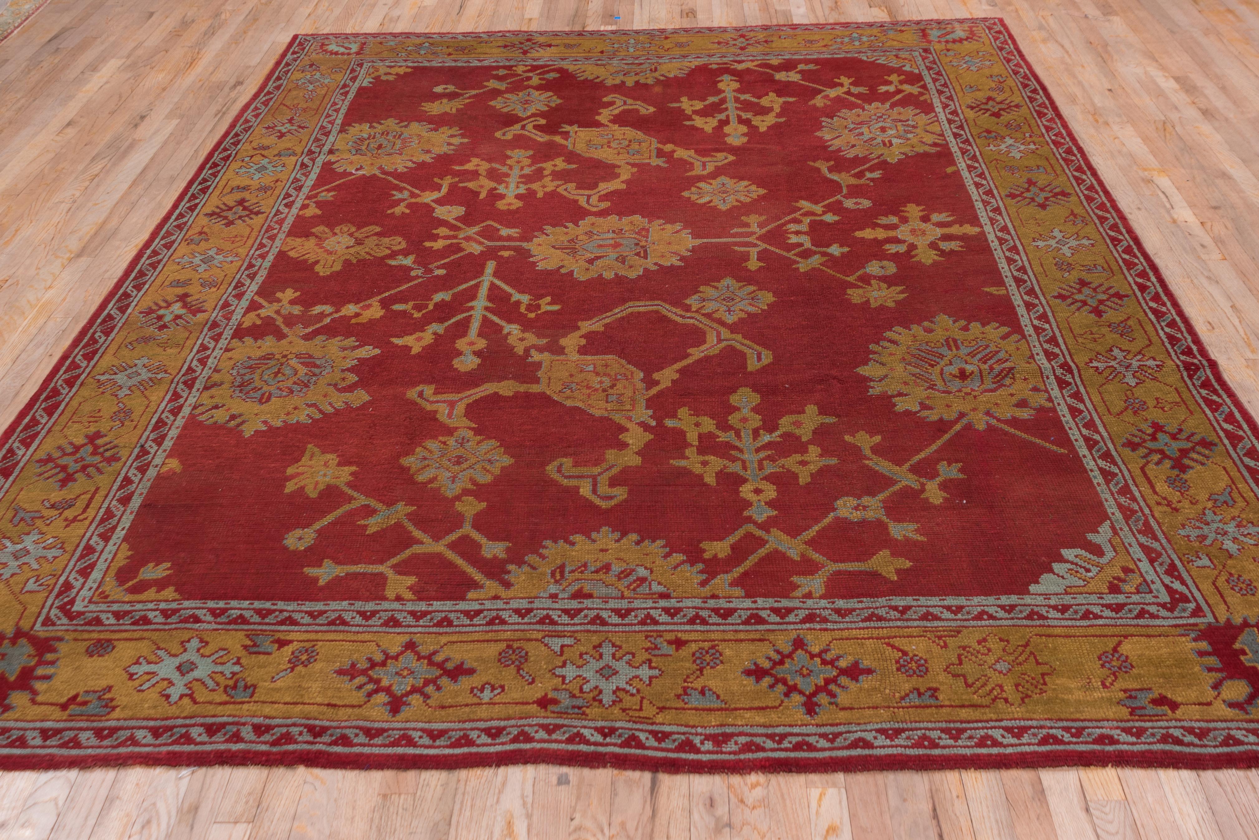 Antique Turkish Red Oushak Carpet, Yellow Borders, circa 1910s In Good Condition For Sale In New York, NY