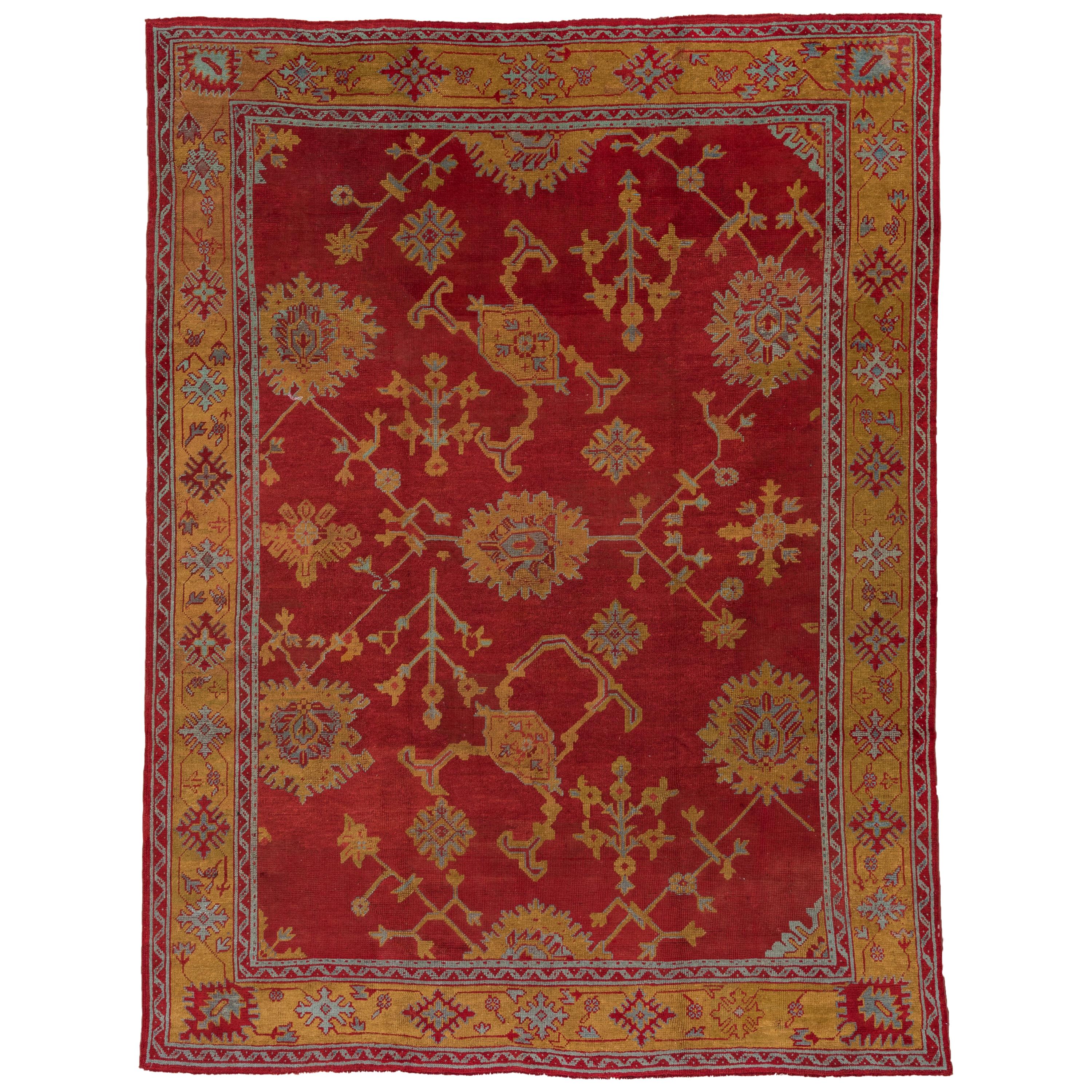 Antique Turkish Red Oushak Carpet, Yellow Borders, circa 1910s For Sale