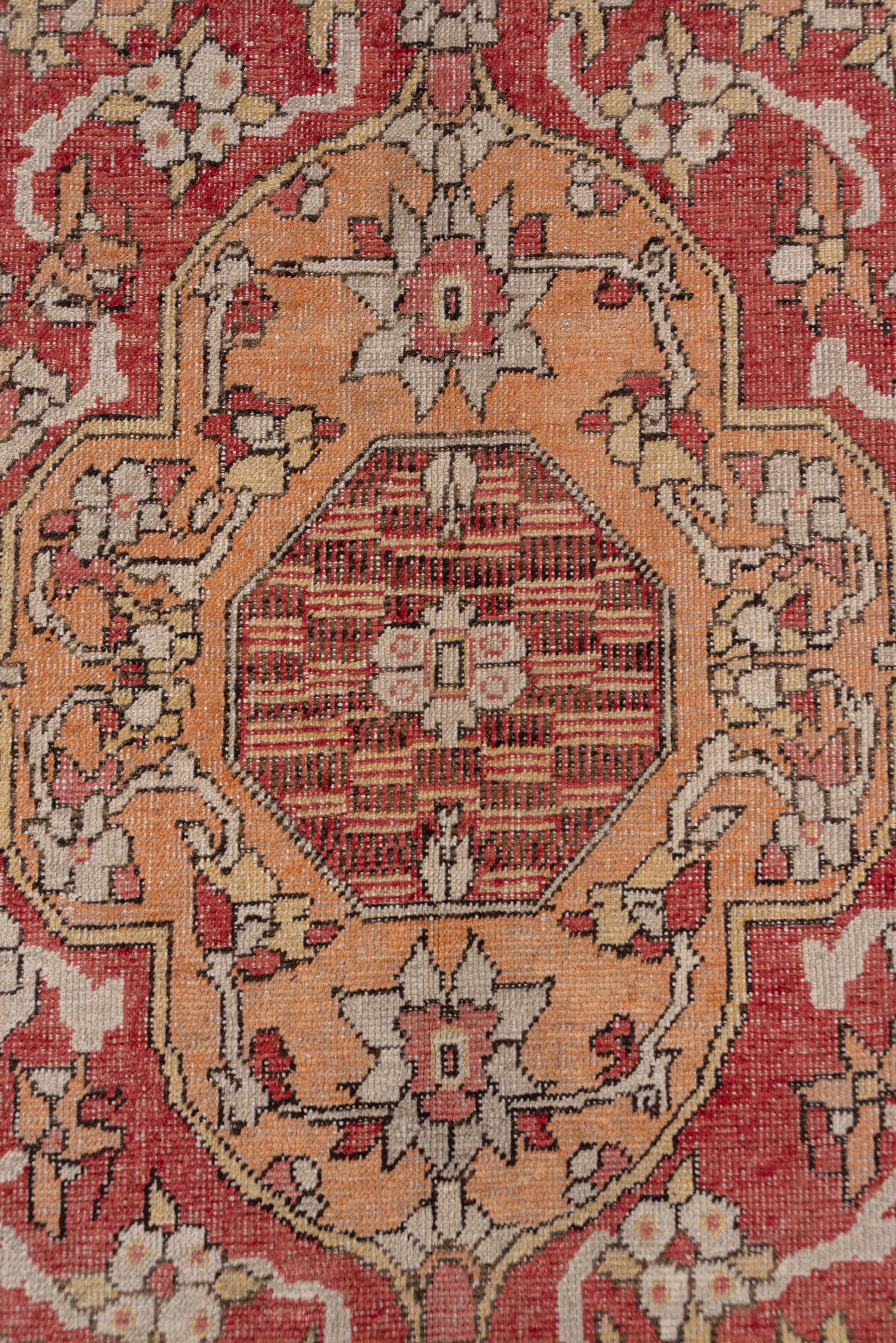 Hand-Knotted Antique Turkish Red Oushak Rug, Shabby Chic, Distressed, Red and Ivory Field For Sale