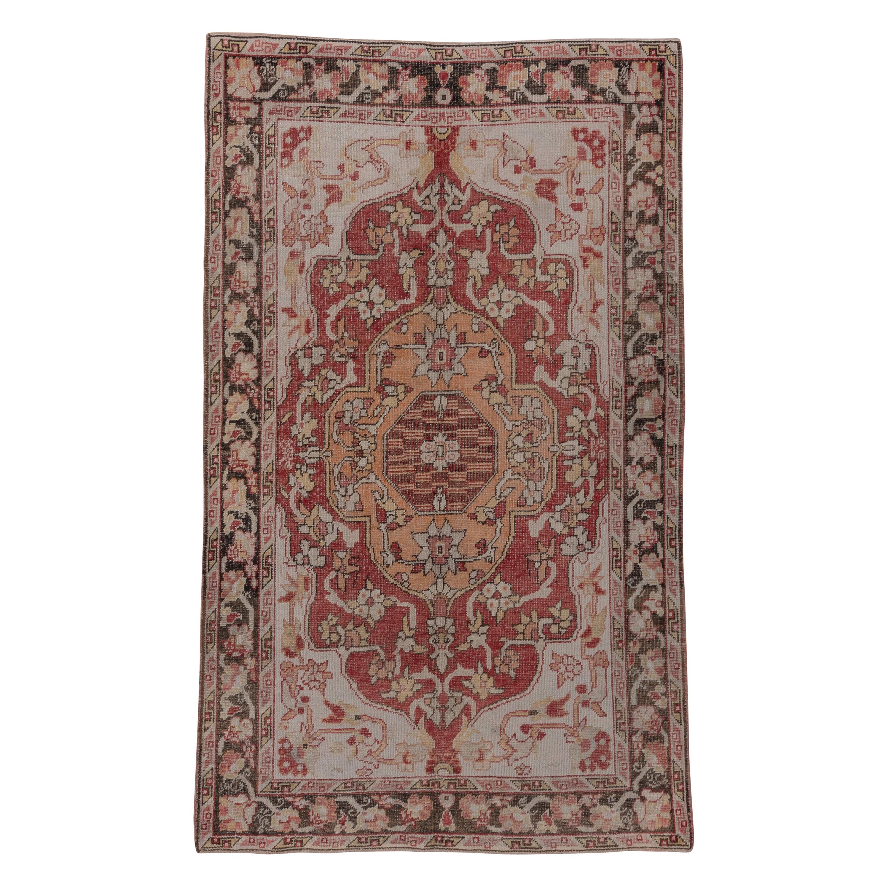 Antique Turkish Red Oushak Rug, Shabby Chic, Distressed, Red and Ivory Field For Sale