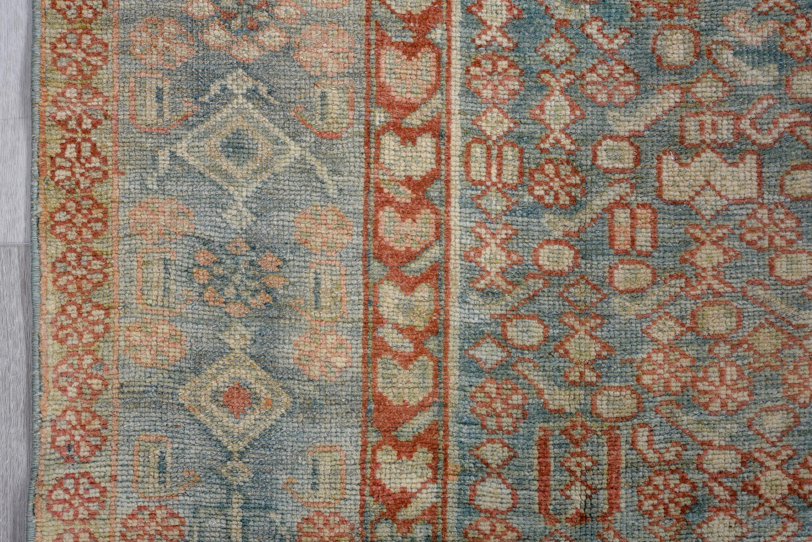 Antique Bidjar Rug Coral Reds Paired With Soothing Blues - Herati Pattern In Good Condition For Sale In New York, NY