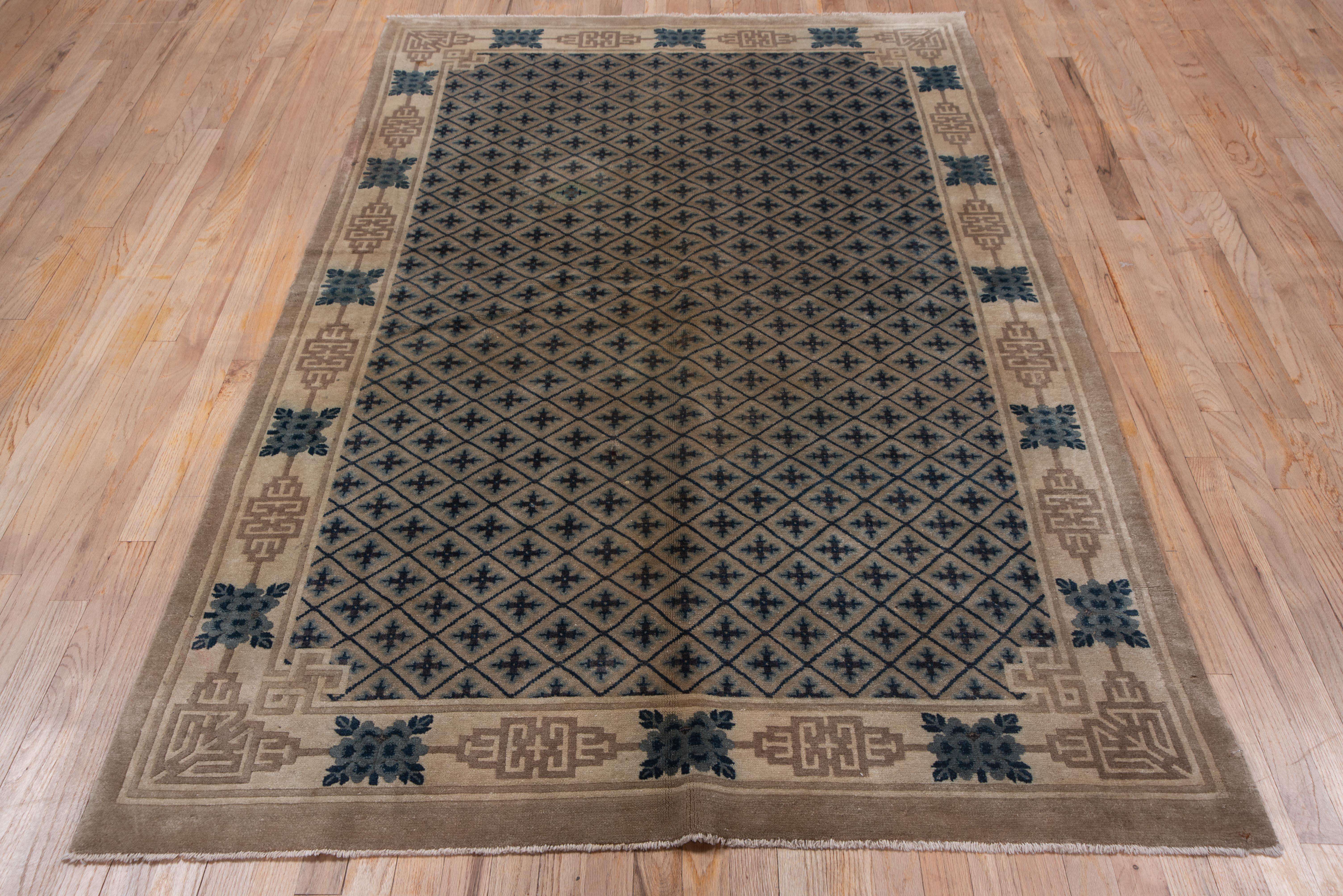 20th Century Antique Chinese Rug with Geometric Patterns Allover - Green Blue Khakis For Sale