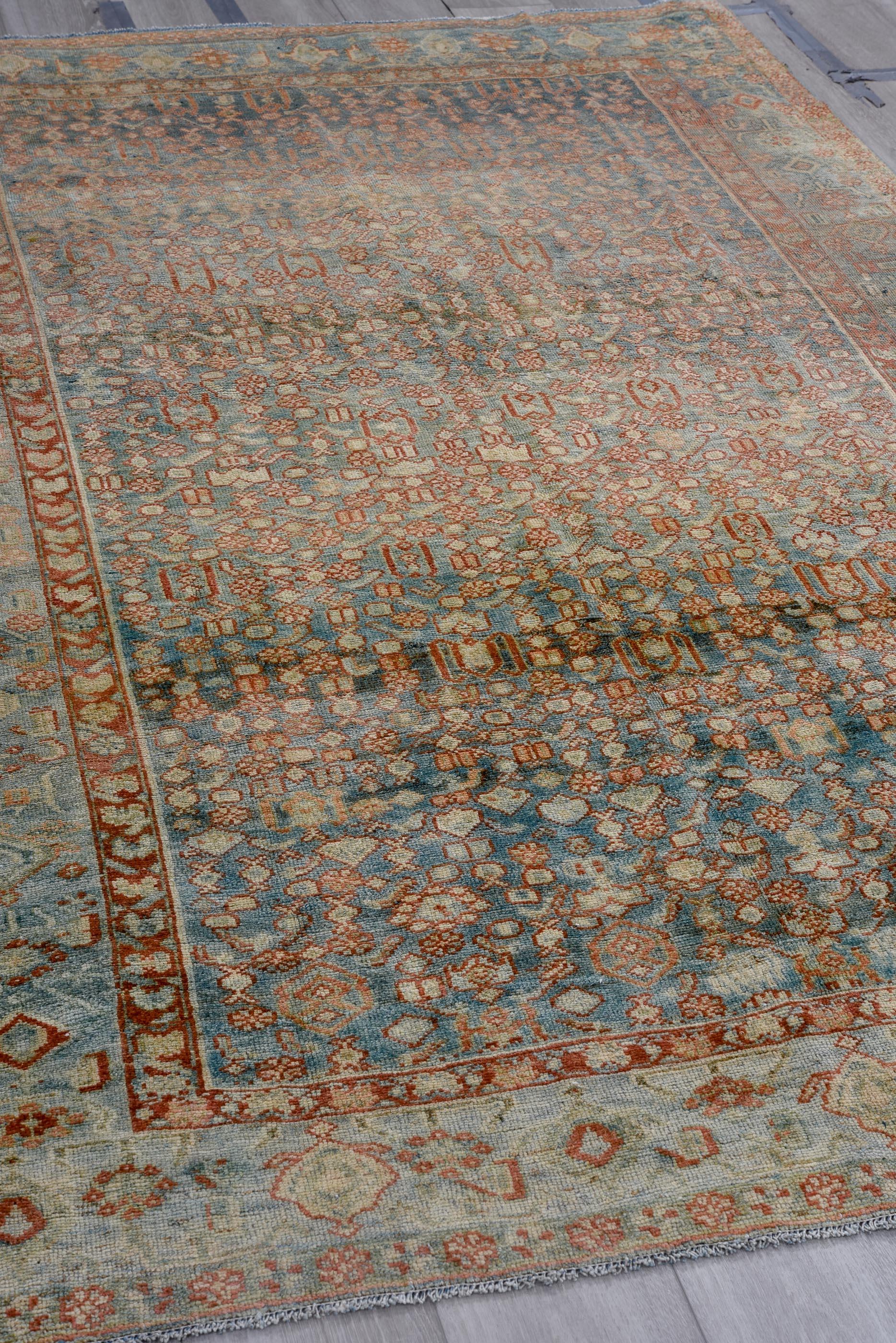Wool Antique Bidjar Rug Coral Reds Paired With Soothing Blues - Herati Pattern For Sale