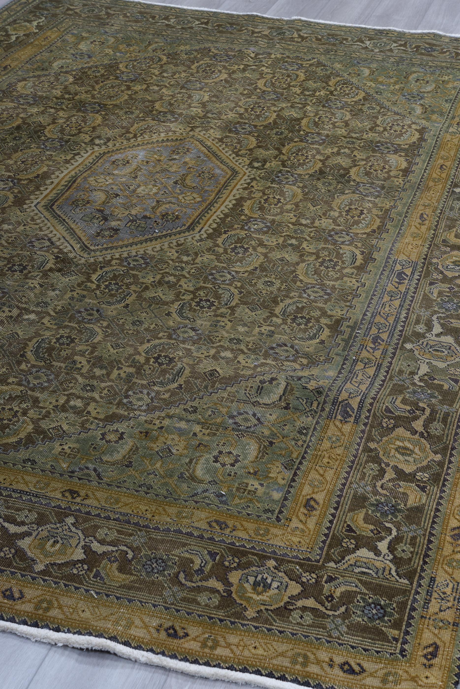 Wool Antique Tabriz `Earth Green Tones and Tan Shades - Grand Central Medallion For Sale