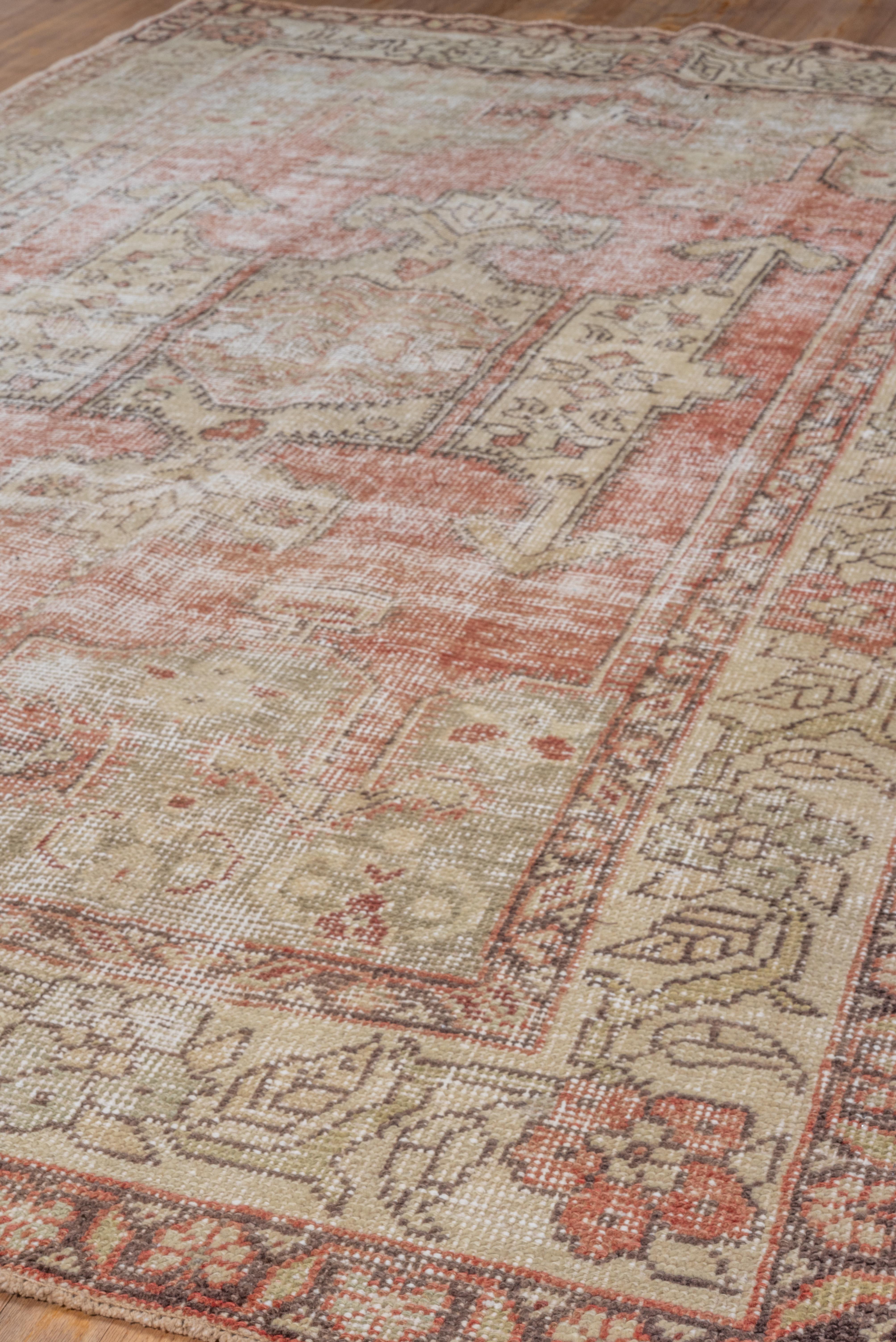 Antique Turkish Oushak in Abrashed Ivory and Reds For Sale 3