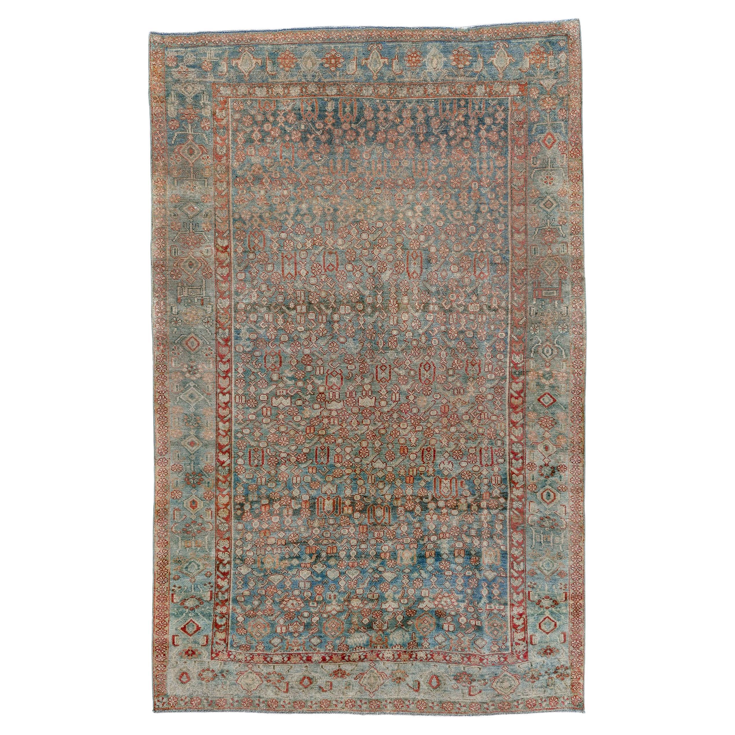 Antique Bidjar Rug Coral Reds Paired With Soothing Blues - Herati Pattern For Sale
