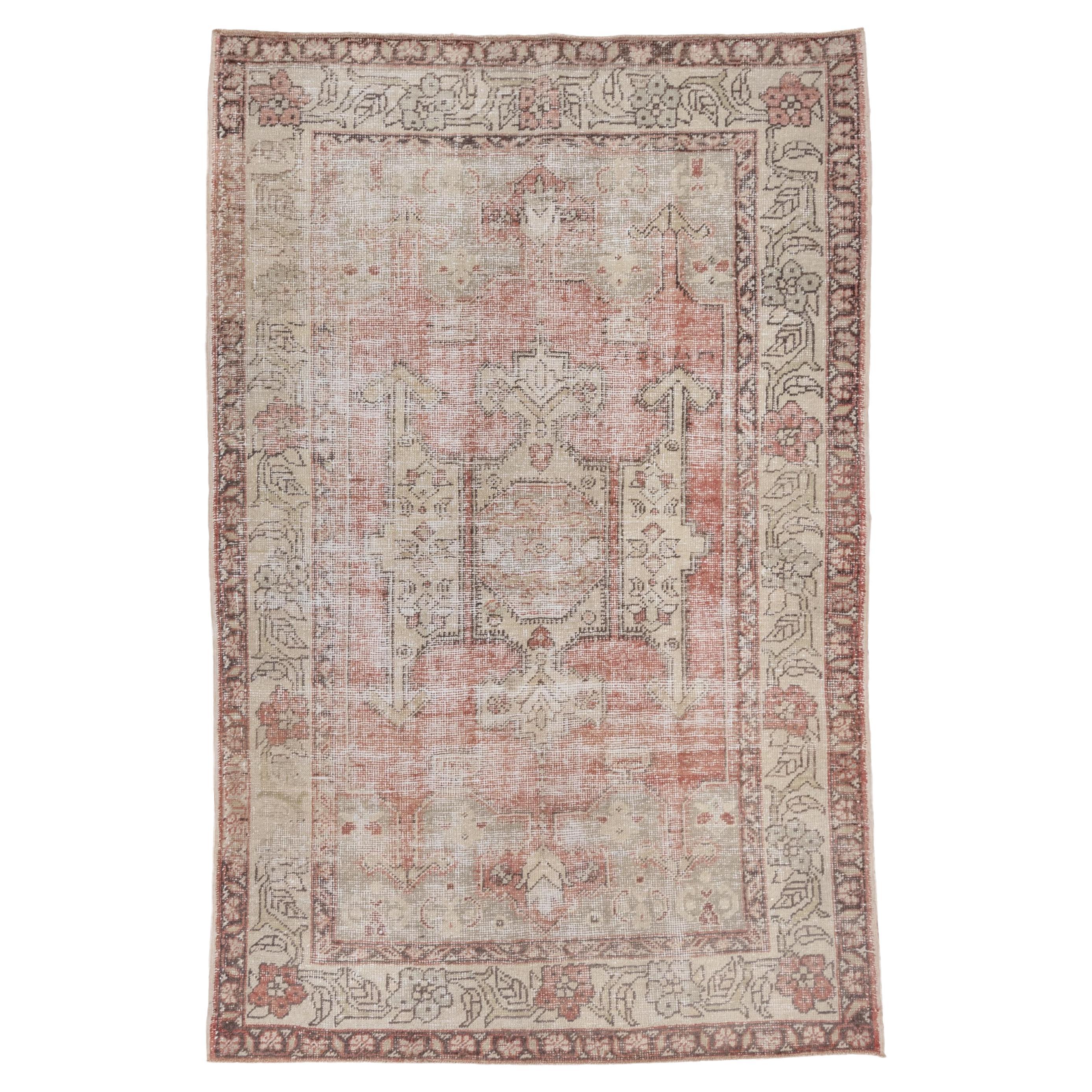 Antique Turkish Oushak in Abrashed Ivory and Reds