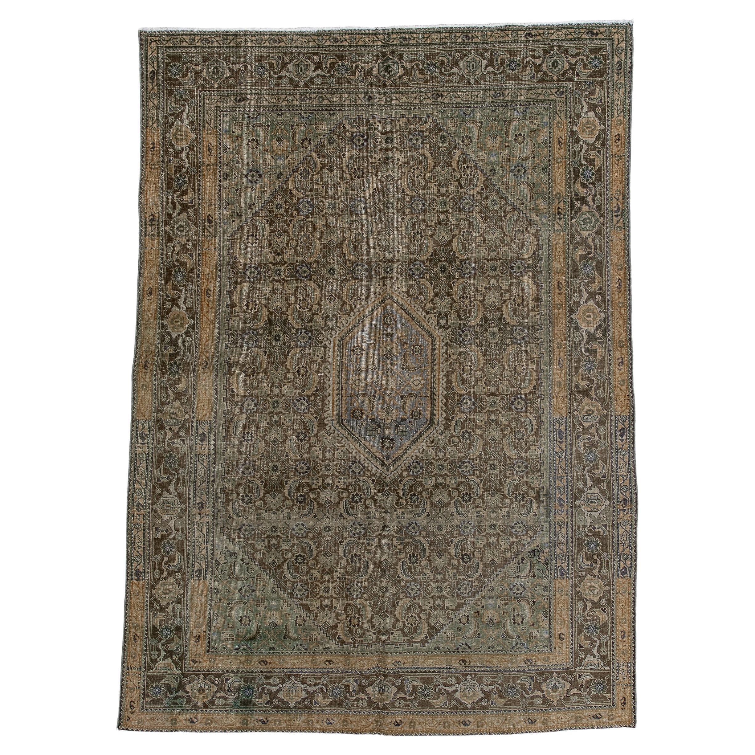Antique Tabriz `Earth Green Tones and Tan Shades - Grand Central Medallion For Sale