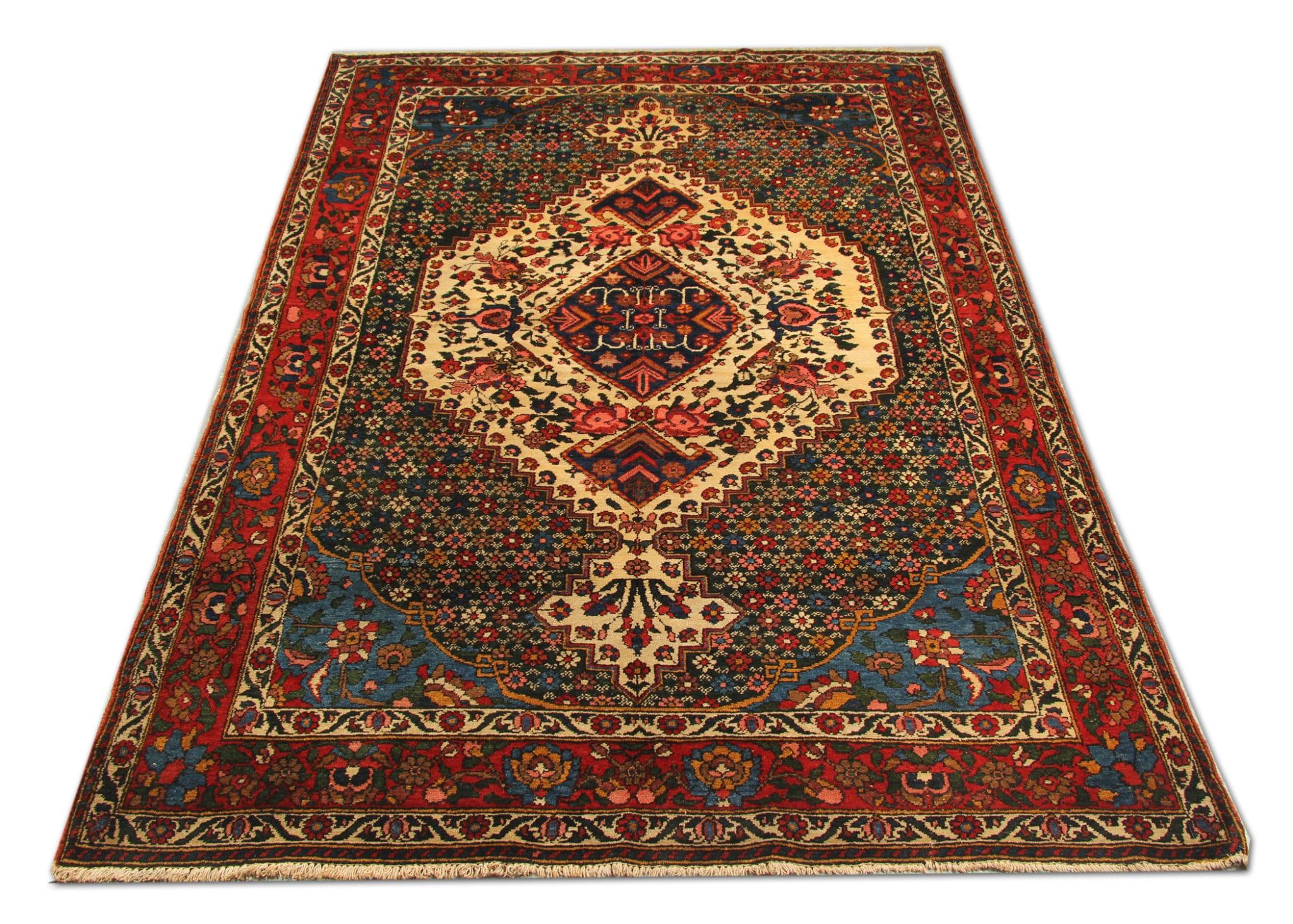 Art Deco Antique Turkish Rug Green Bakhtiyar Carpet, Handmade Carpet Oriental Rugs Sale For Sale