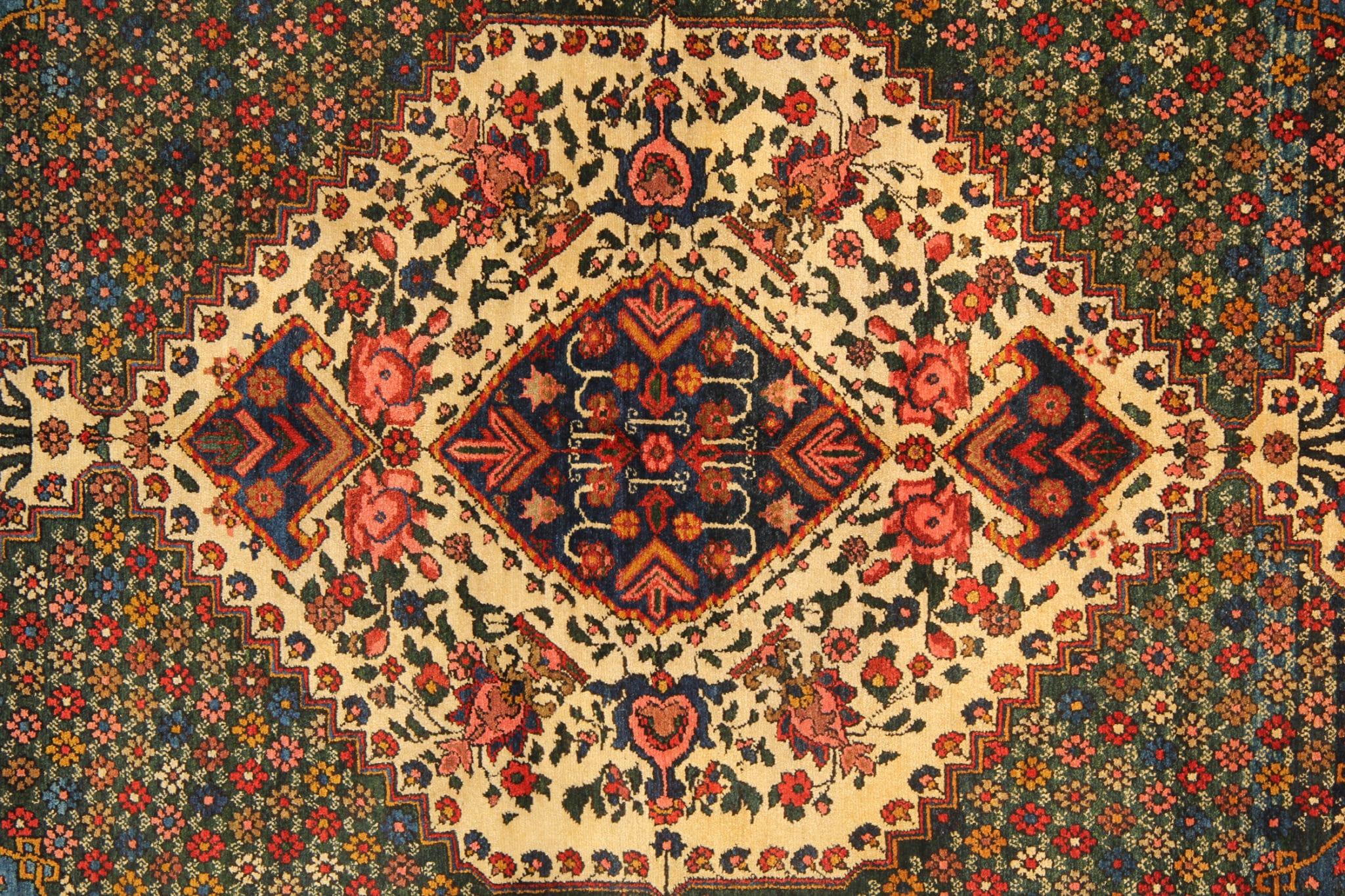 Vegetable Dyed Antique Turkish Rug Green Bakhtiyar Carpet, Handmade Carpet Oriental Rugs Sale For Sale