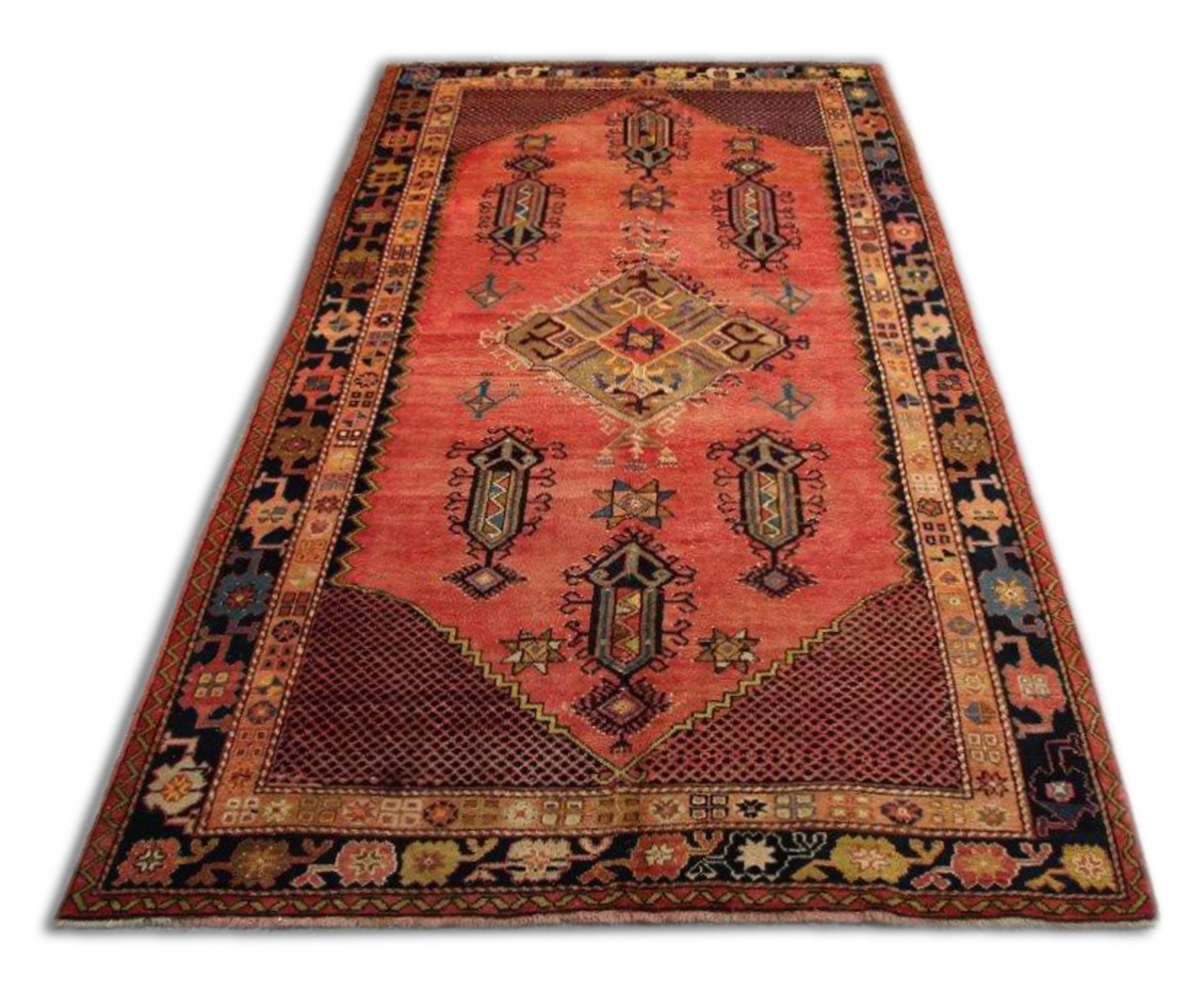 Early 20th Century Antique Turkish Rug Handmade Carpet Oriental Rust Brown Geometric Rug For Sale