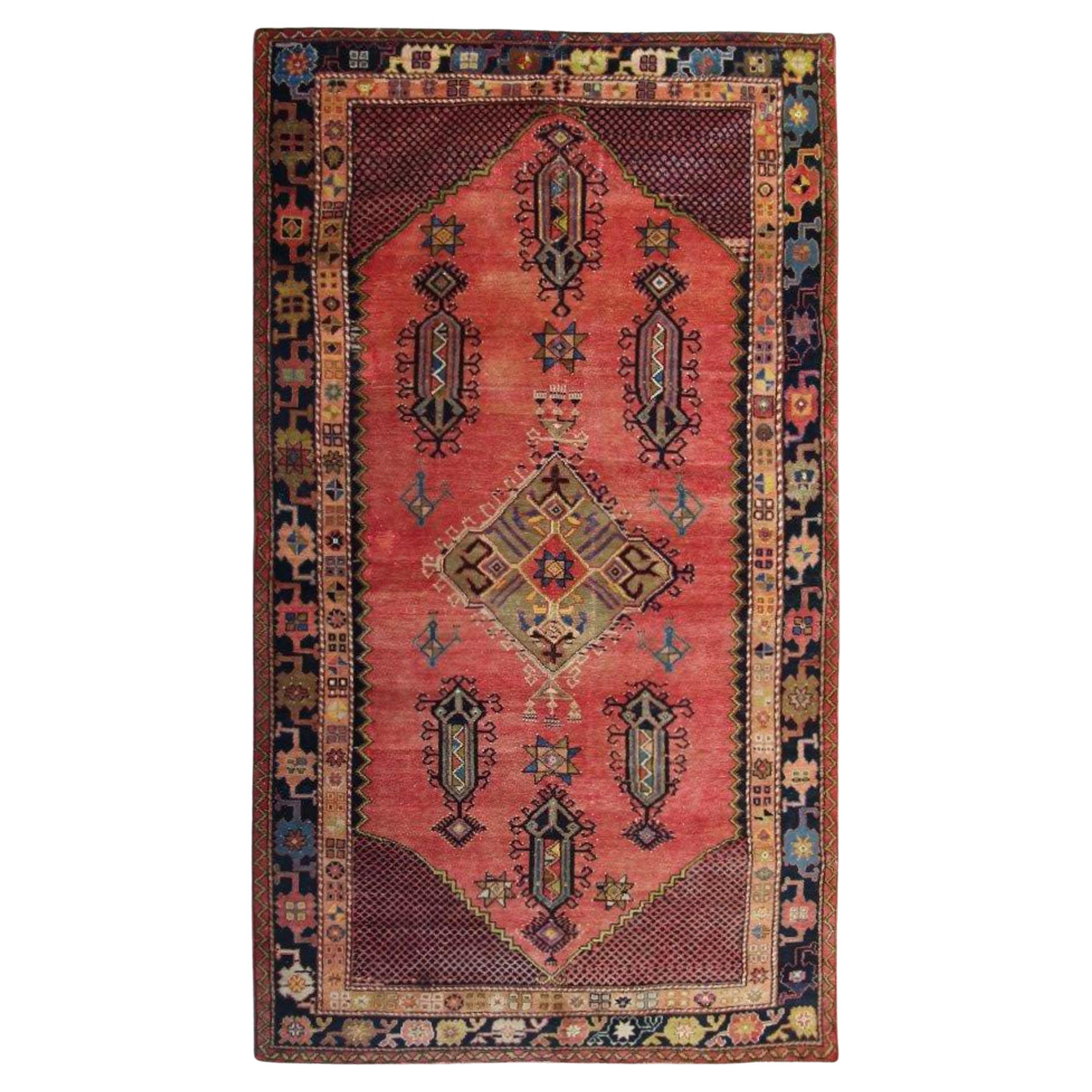 Antique Turkish Rug Handmade Carpet Oriental Rust Brown Geometric Rug For Sale