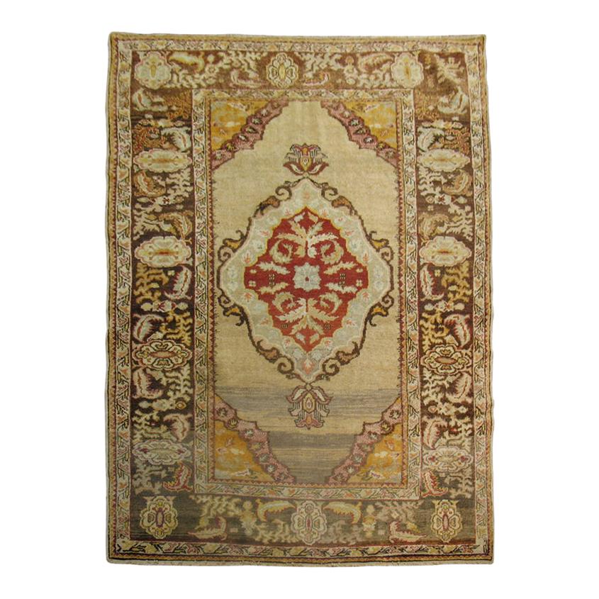 Antique Turkish Rug in Ivory and Gray For Sale