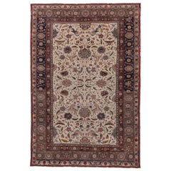 Antique Turkish Rug with a Floral Ivory Field & Bold Colorful Accents