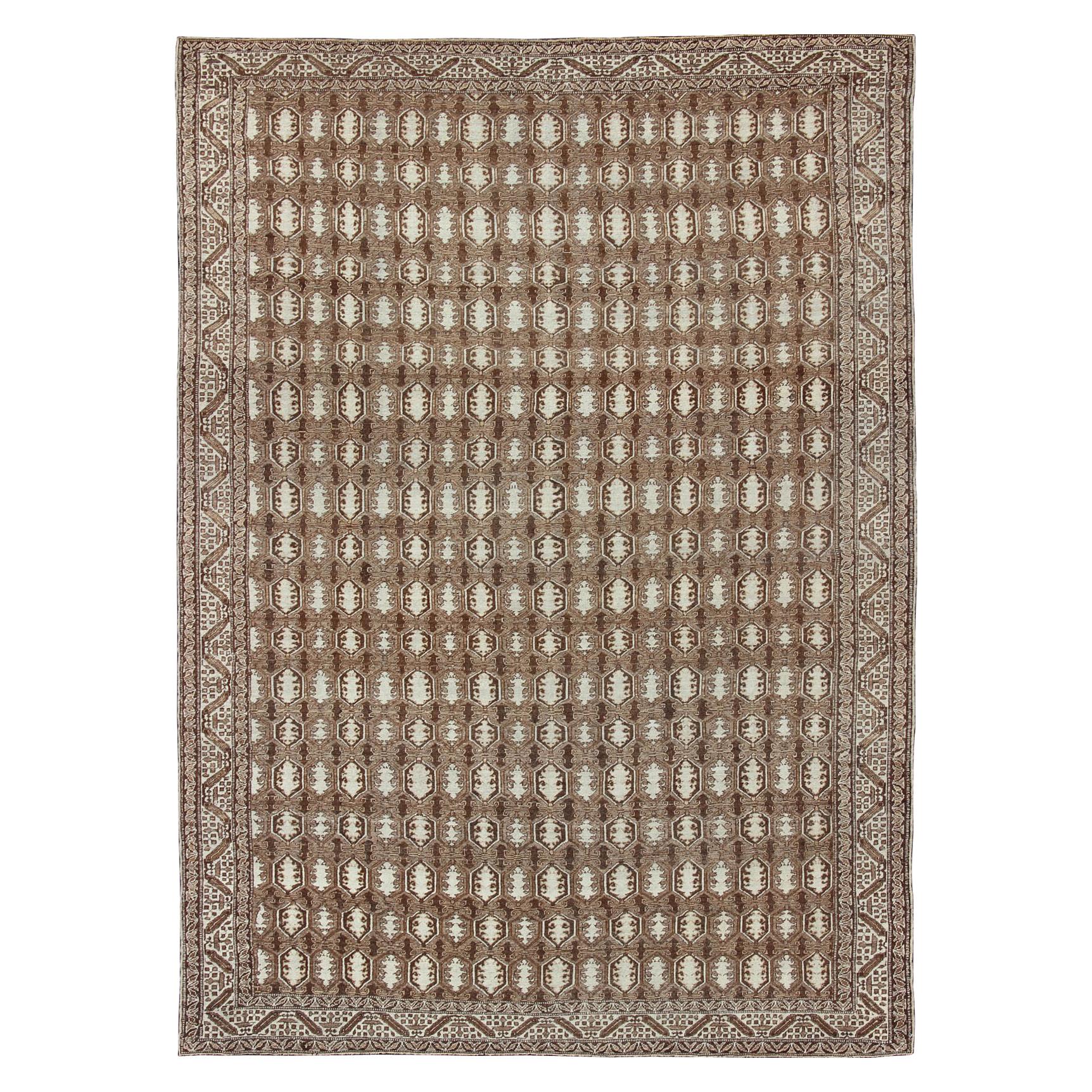 Antique Turkish Rug with Organic Motifs in Brown, Taupe, and Earth Tone Colors