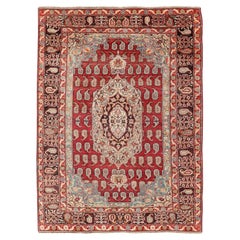 Antique Turkish Rug with Paisley Design in Red, Brown and Blue