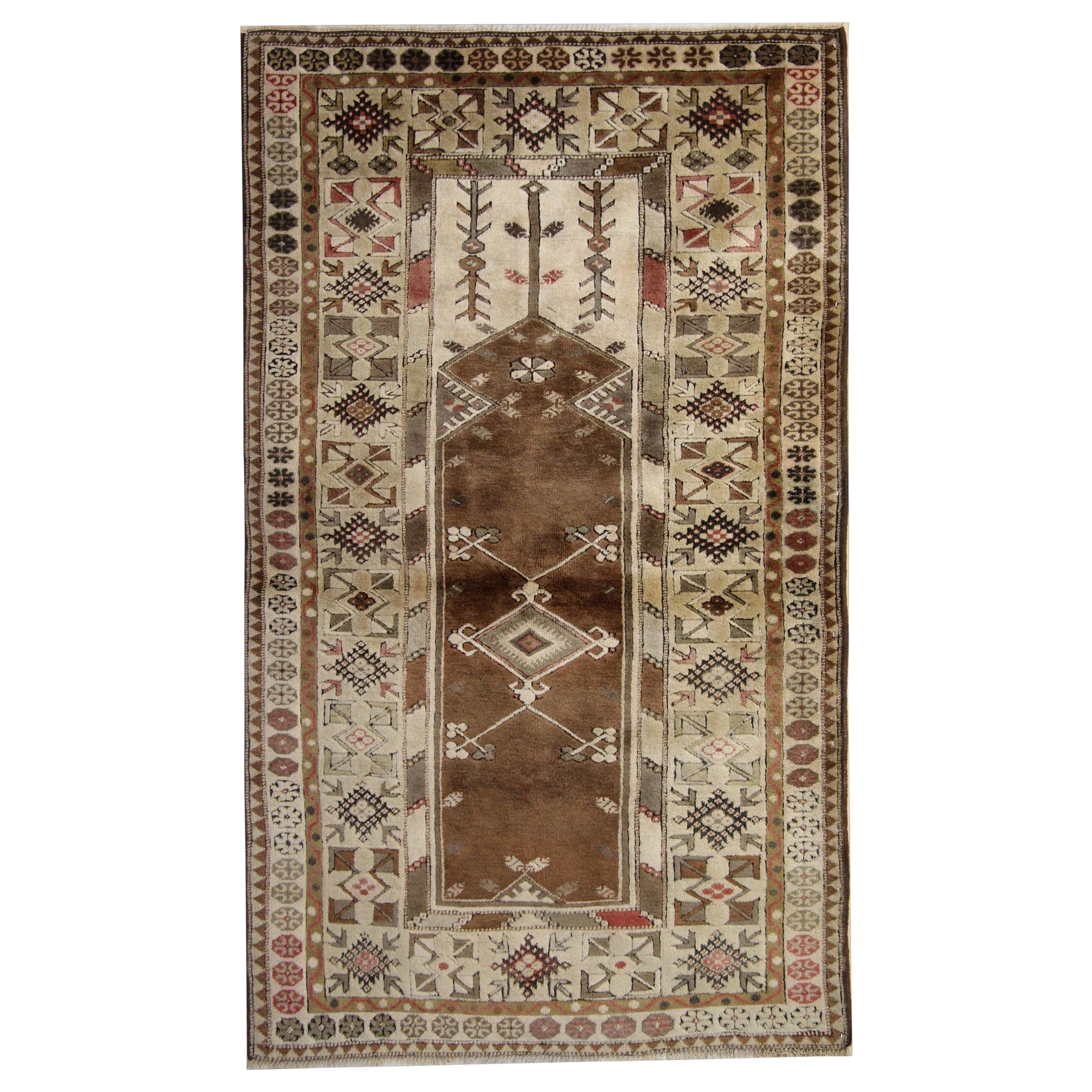 Antike türkische Teppiche, Vintage Teppich Milas, brauner Teppich, handgefertigter Teppich