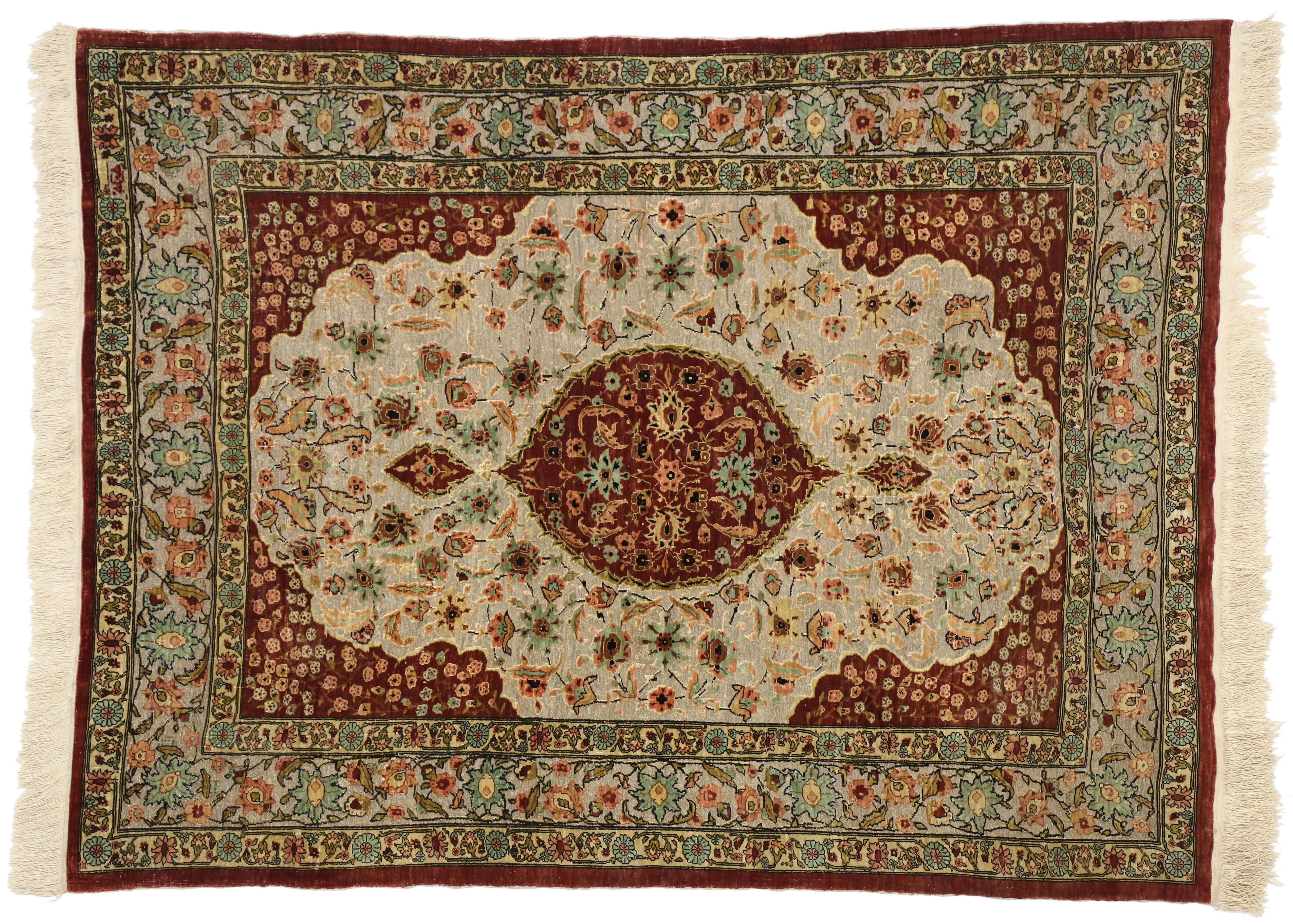 Rococo Antique Turkish Silk and Gold Hereke Tapestry with Flower of the Seven Mountains For Sale