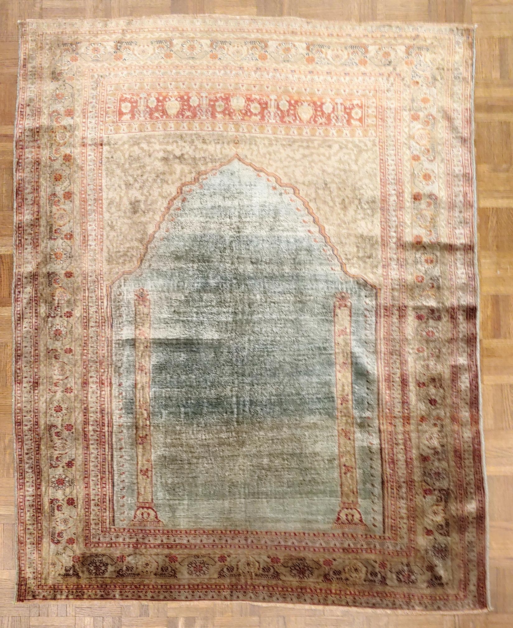 Woven Antique Turkish Silk Ghiordes Rug Prayer Design, Aqua Field with Terracotta