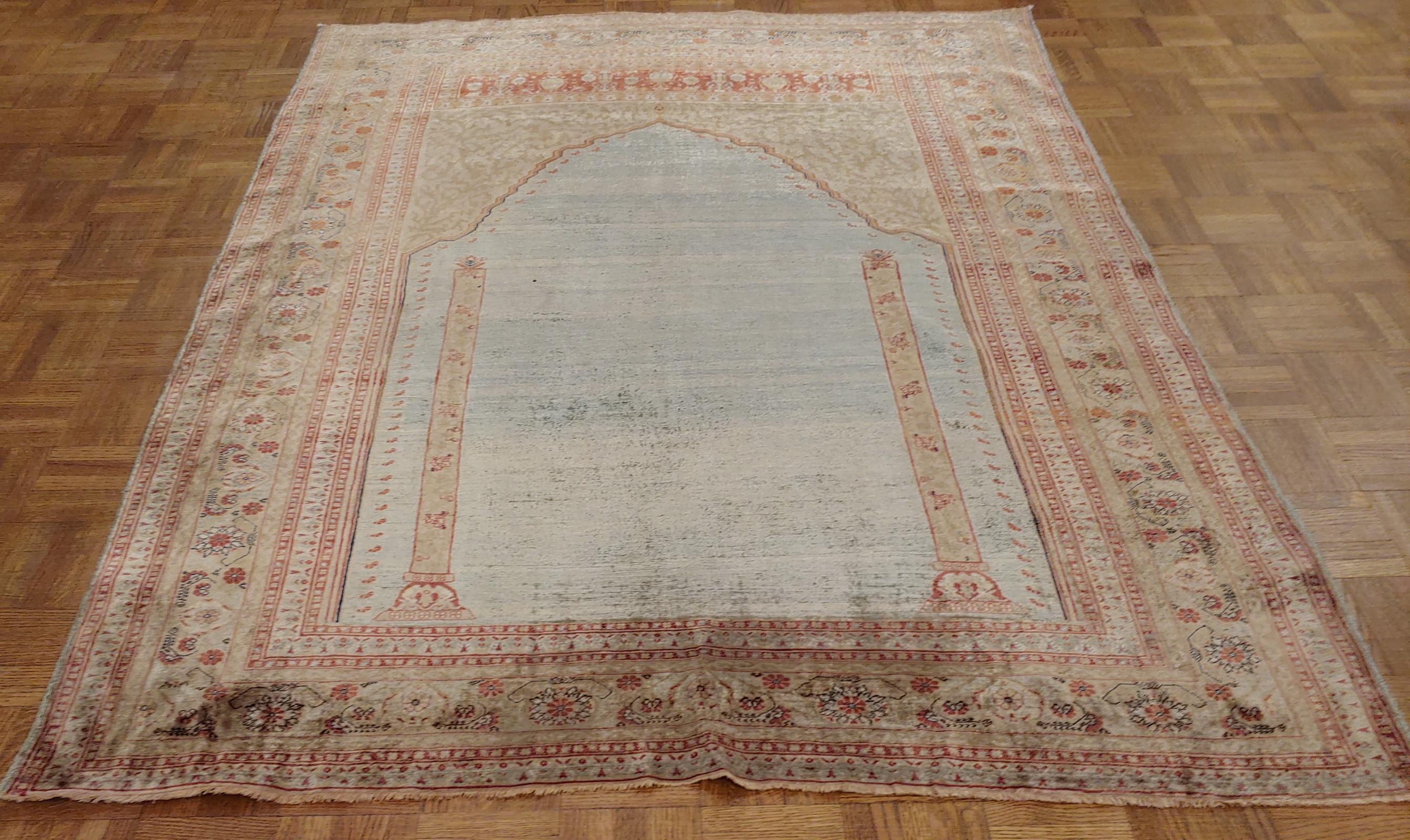 Antique Turkish Silk Ghiordes Rug Prayer Design, Aqua Field with Terracotta In Fair Condition In Williamsburg, VA